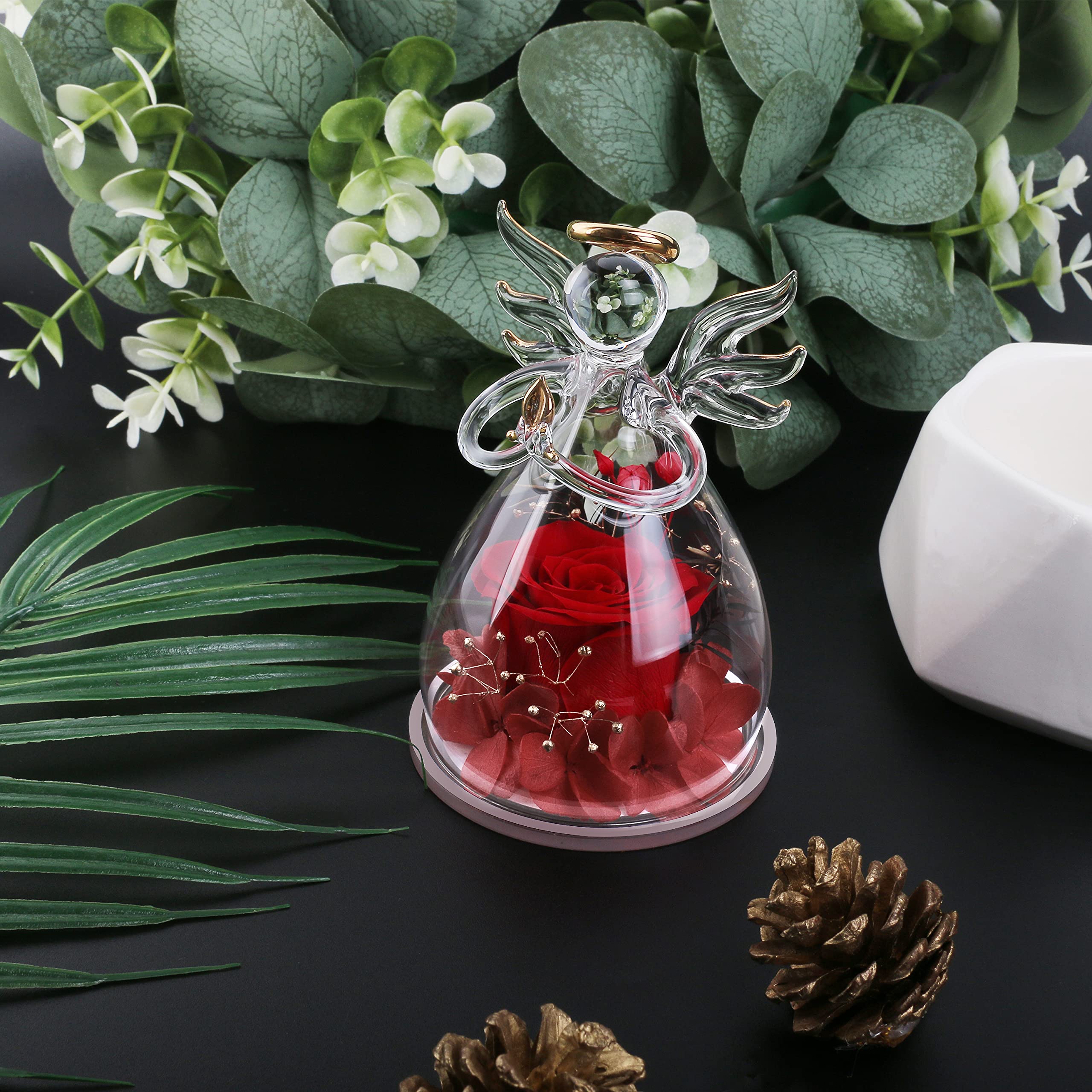 Preserved Rose in Glass Angel Figurine - Eternal Red Flower Gift for Mom, Grandma, Wife, Sister - Perfect for Mother's Day, Birthdays, Anniversaries, and Home Decor