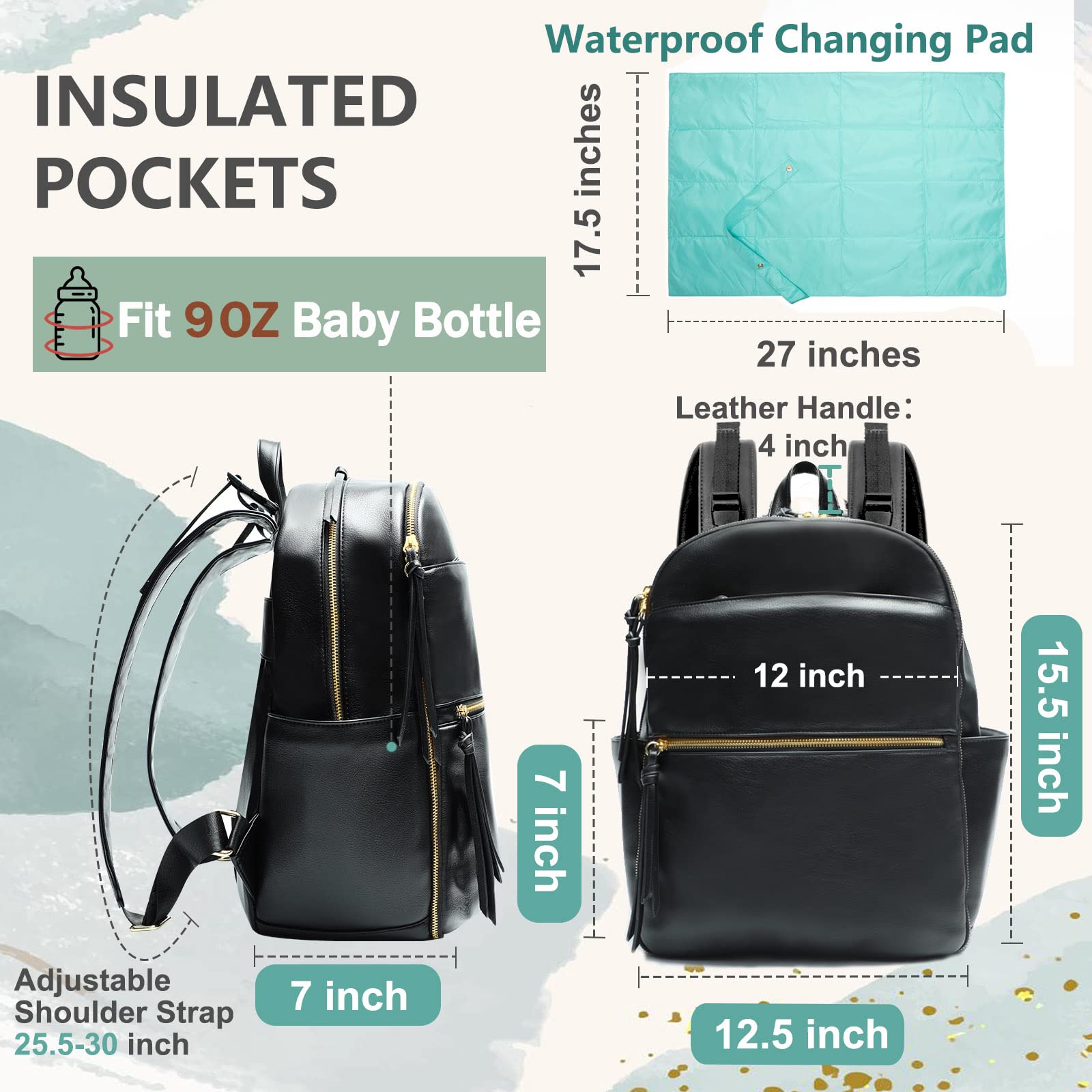 MOMINSIDE Premium Diaper Bag Backpack for Parents - Large Leather Baby Bag with 6 Insulated Pockets, Stroller Organizer & 2 Insulated Cup Holders - Perfect for Travel, Daycare & Family Outings