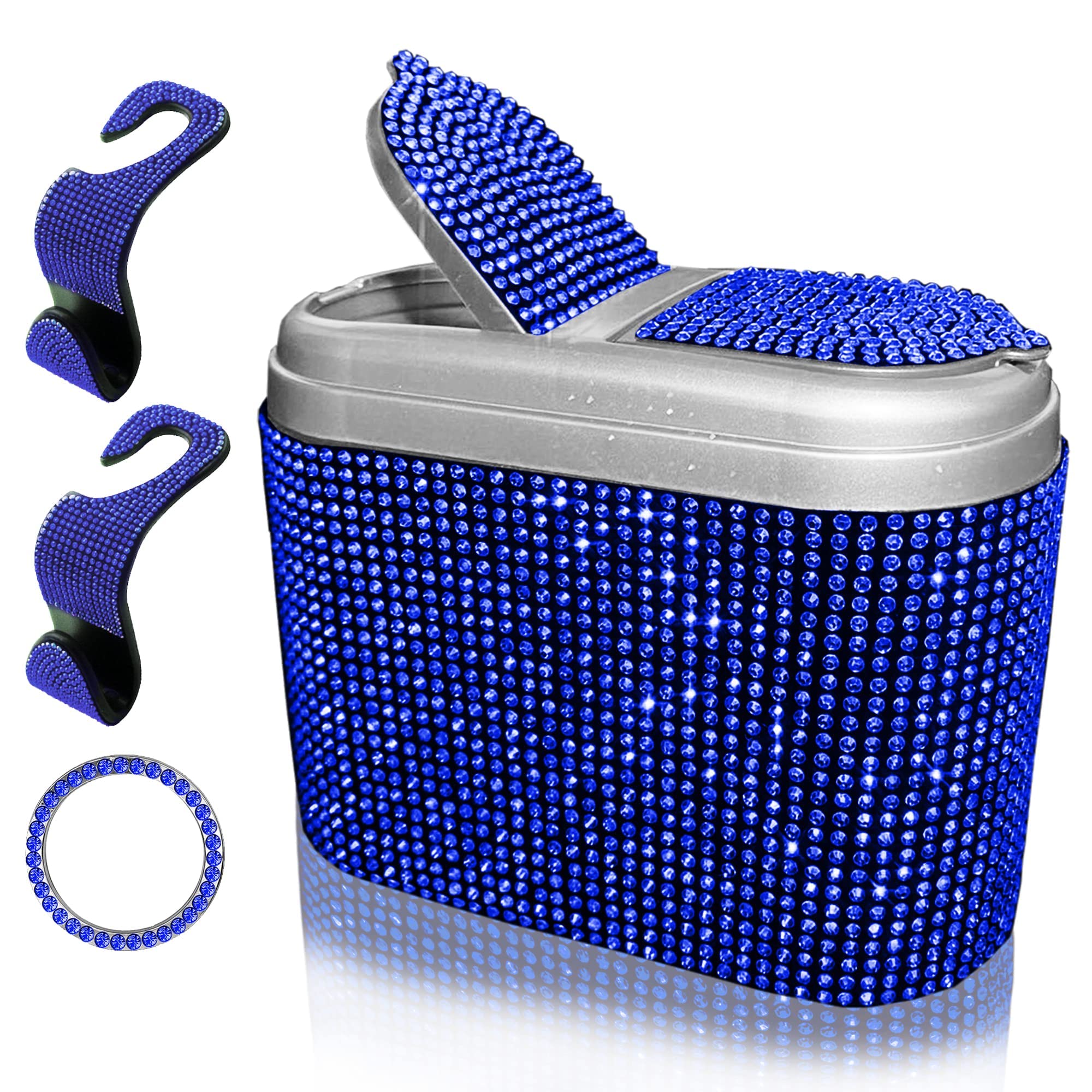 **Sparkling Crystal Car Trash Can with Lid - Hanging Waterproof Auto Garbage Bin for Car, Office, Home & Bedroom - Mini Bling Trash Bag for Desktops & Vehicles (Blue)**    *(Perfect for road trips, daily commutes, office desks, bedrooms, and keeping your space clean & stylish!)*