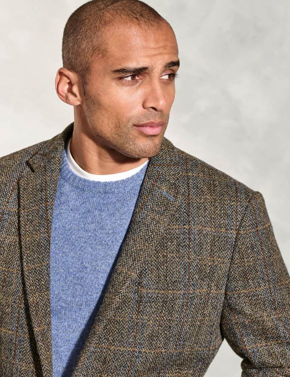 Harris Tweed Sumburgh Sports Jacket - Mid Brown Herringbone with Blue & Tan Overcheck | Classic Men's Blazer for Business, Casual & Outdoor Events