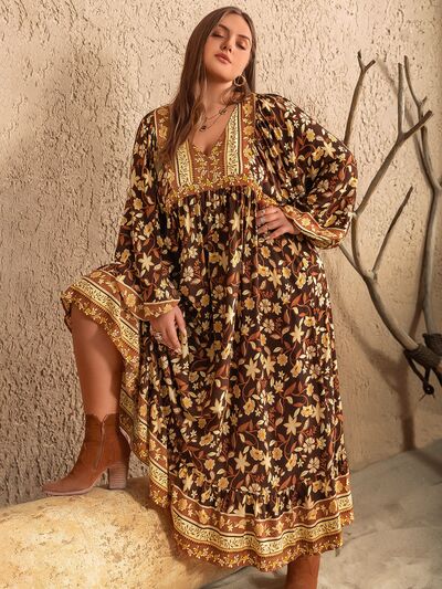 Boho Balloon Sleeve Maxi Dress for Women Plus Size - Flowy Summer Midi Dress with Pockets - Perfect for Beach Vacations, Music Festivals & Date Nights