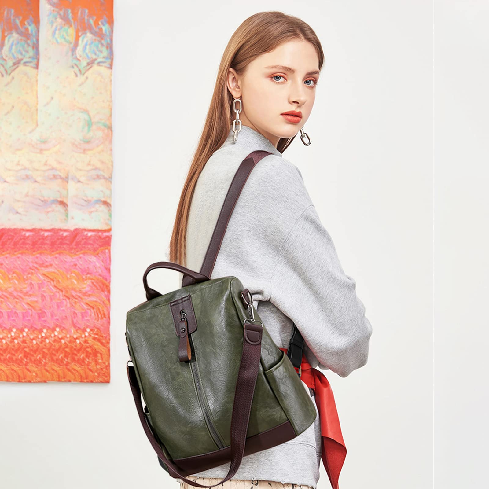 PORRASSO Anti-Theft Women's Backpack - Waterproof PU Leather Daypack with Earphone Hole & Shoulder Straps - Stylish Rucksack for School, Work, Travel & Outdoor Activities