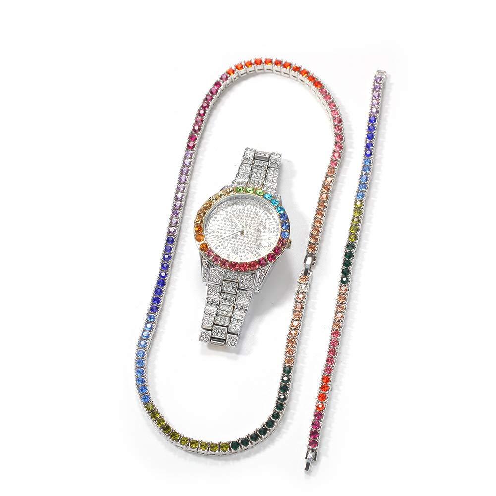 Iced Out Colored Jewelry Set - Diamond Watch, Bracelet & Necklace for Men & Women | Rhinestone Hip Hop Bling Accessories for Parties & Special Occasions
