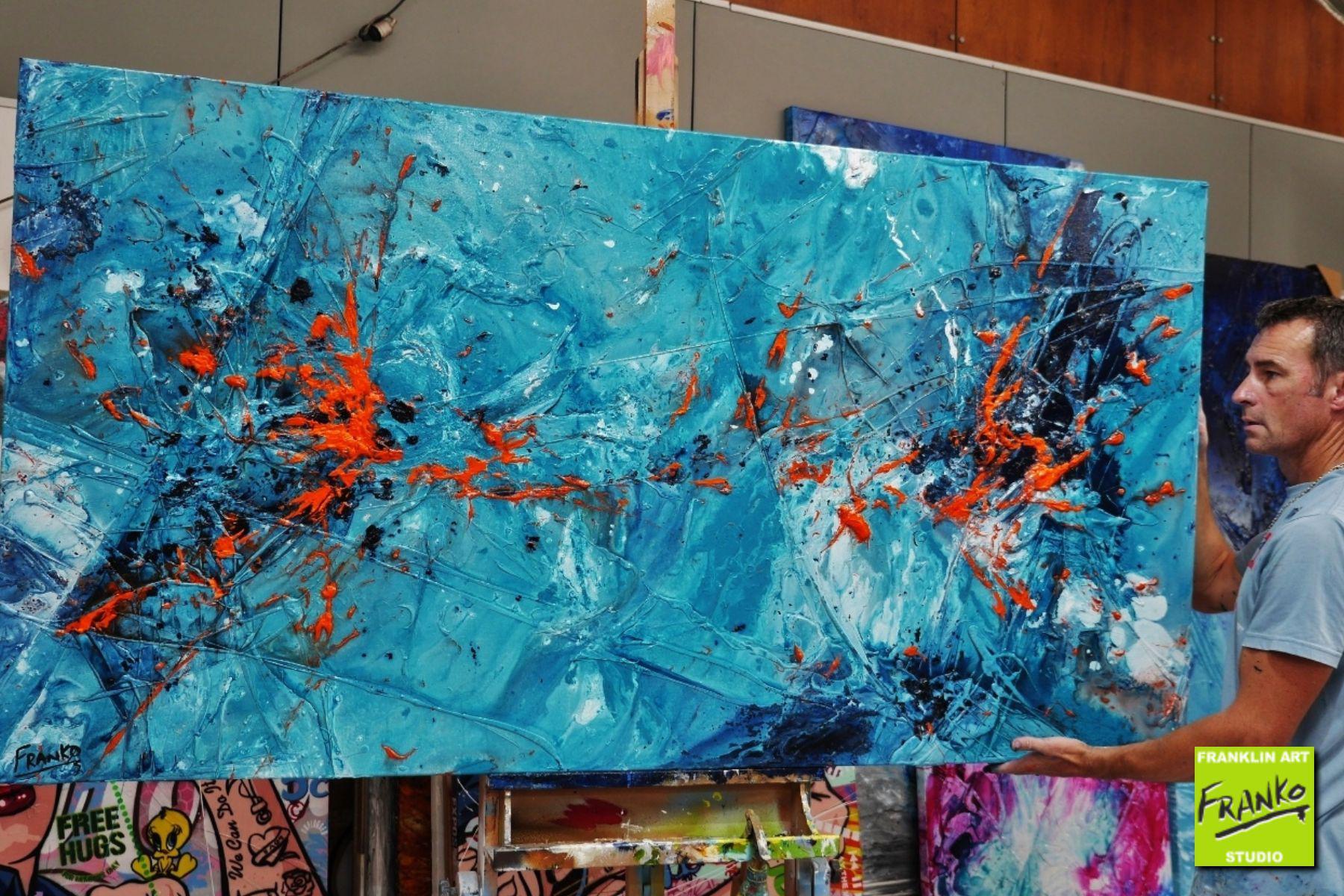 Blue Orange Textured Abstract Painting 190cm x 100cm - Modern Large Wall Art for Living Room, Bedroom Decor - Handmade Candy Oranges Canvas Artwork