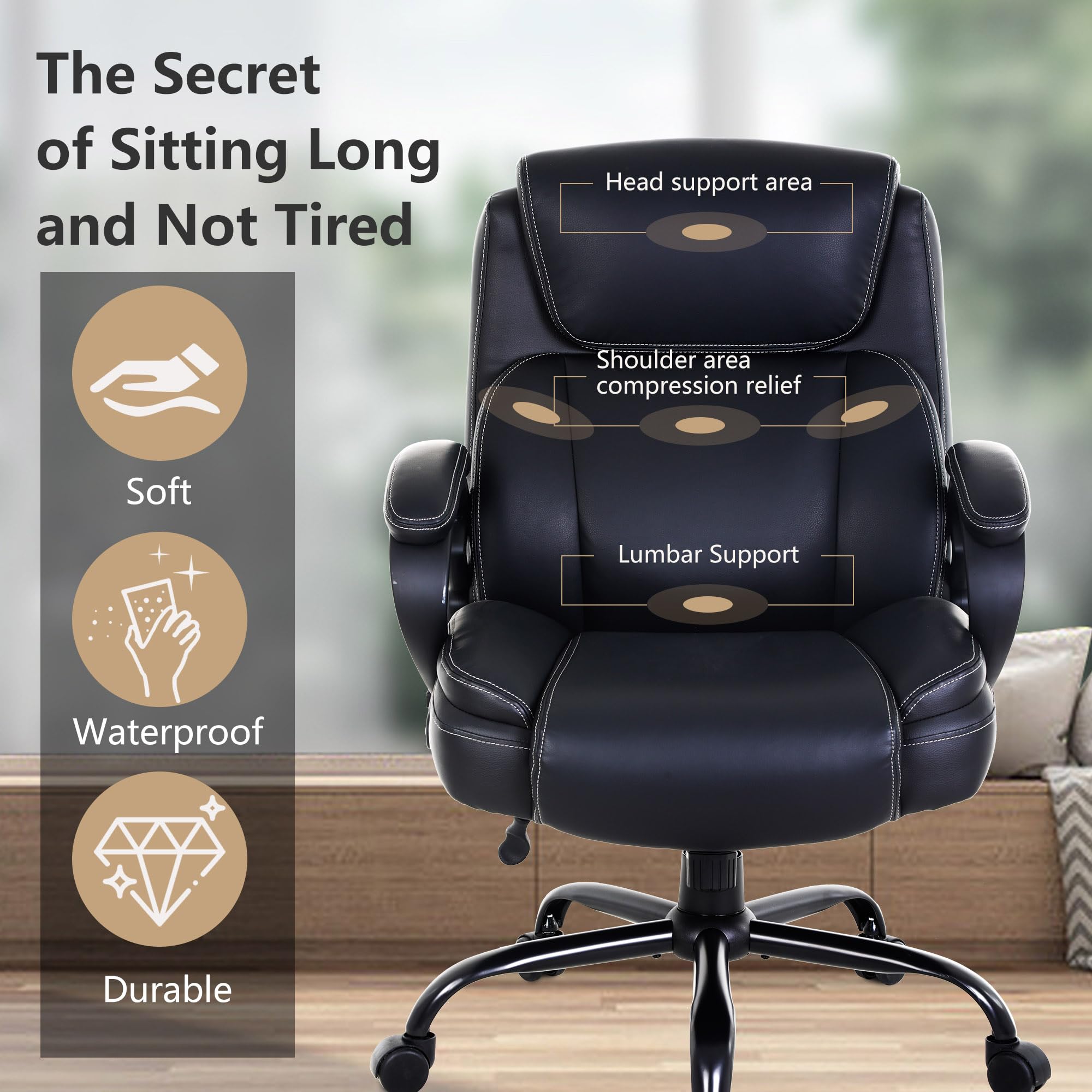 Big and Tall Office Chair 400lbs Capacity - Wide Seat Ergonomic Computer Chair with Adjustable Arms & Lumbar Support - PU Leather High Back Executive Desk Chair for Back Pain Relief - Perfect for Home Office, Gaming & Workspaces (Black)
