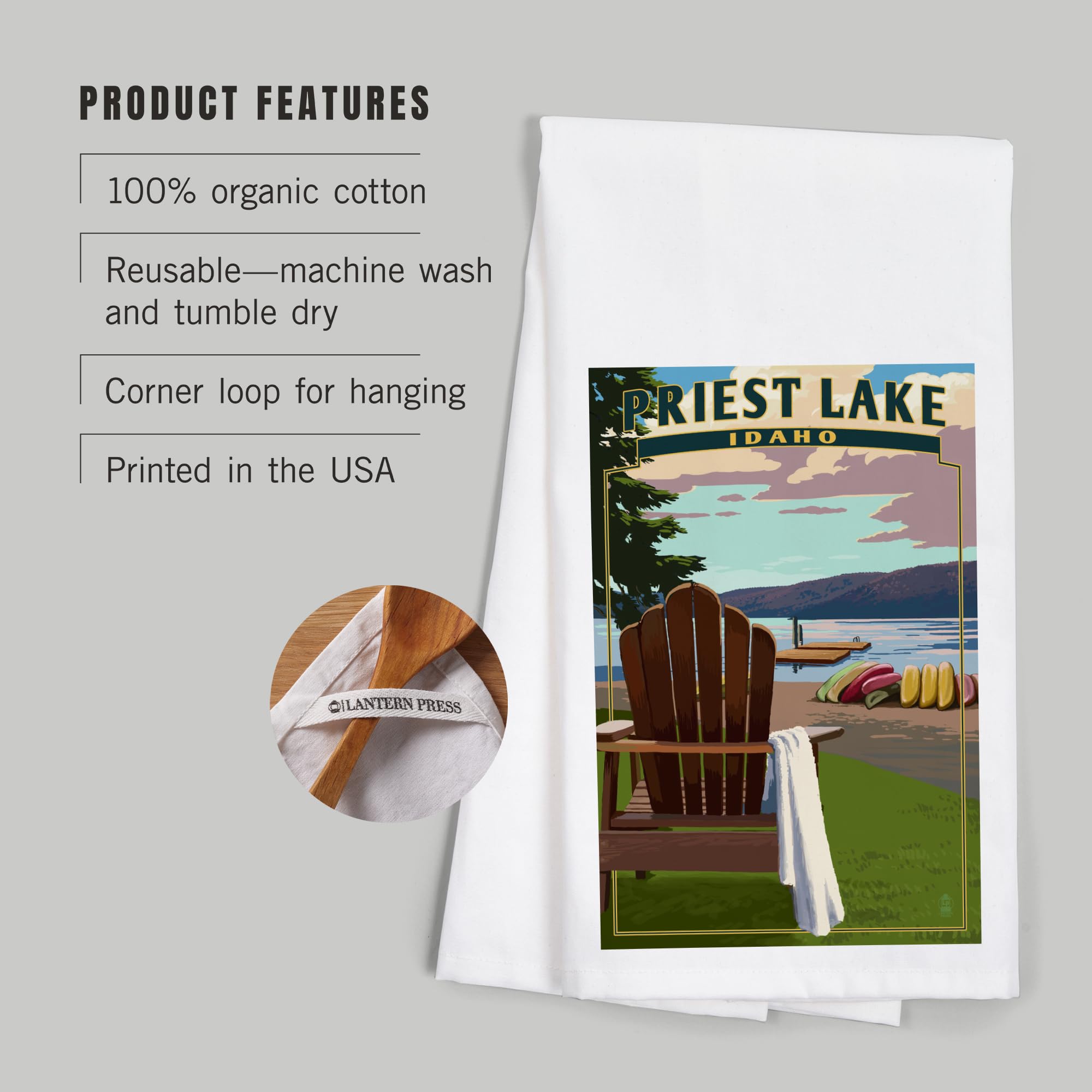 Lantern Press Priest Lake Idaho Cotton Tea Towel - 100% Cotton Decorative Hand Towel for Kitchen, Bathroom & Home Decor - Perfect for Dish Drying, Gift Giving & Cabin Decor