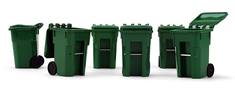 First Gear 1/34 Scale Plastic Collectible Green Trash Carts - Set of 6 Miniature Recycling Bins for Model Train Layouts, Dioramas & Collectors Display (Item #90-0519) - Perfect for City Scenes, Waste Management Models & Toy Vehicle Accessories