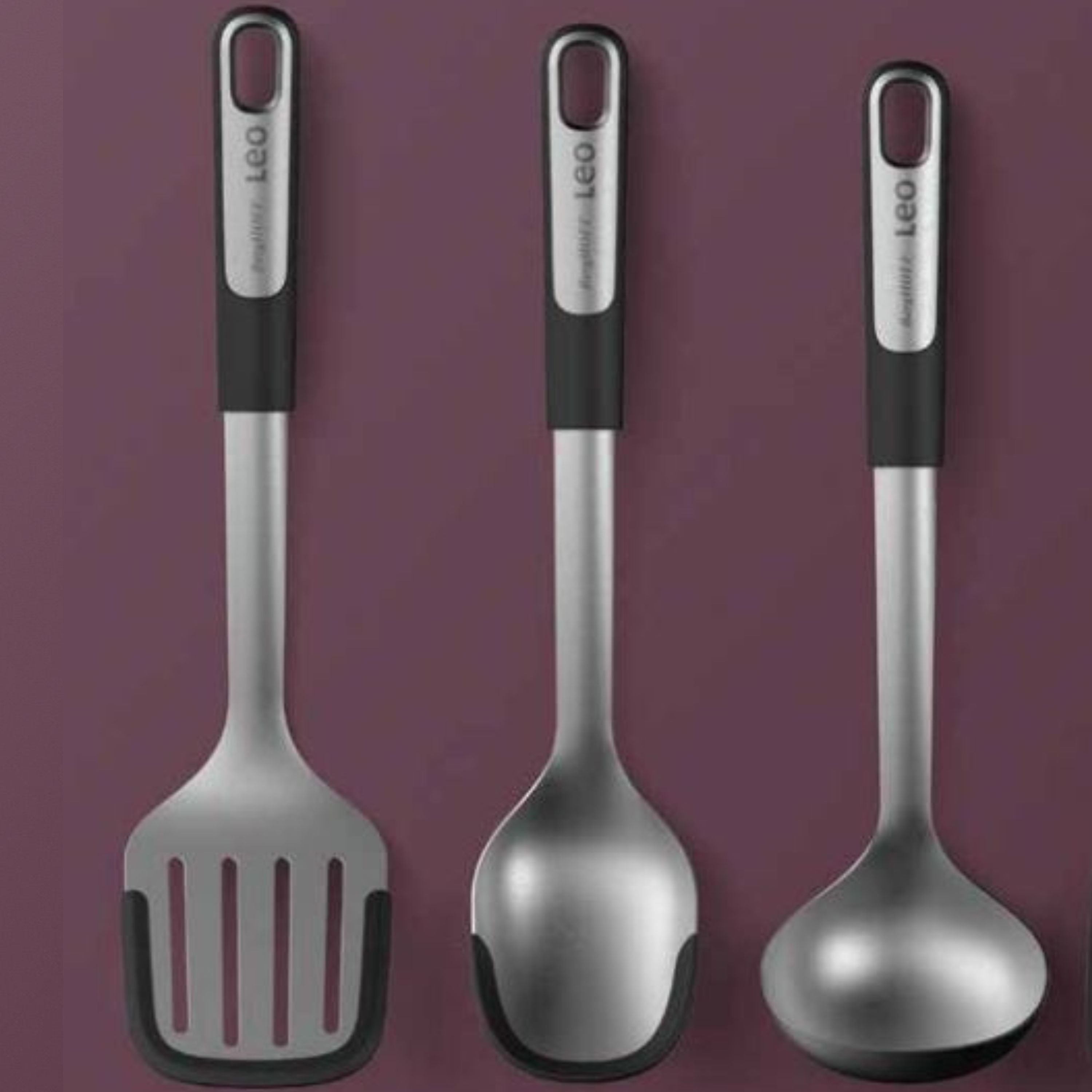 BergHOFF Leo Graphite 3-Piece Stainless Steel Utensil Set - Eco-Friendly Recycled Material for Cooking, Serving & Kitchen Decor