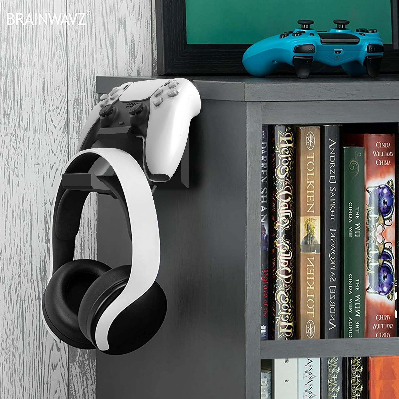 Geekria Aluminum Gaming Headphone Stand & Controller Holder - Wall Mounted Bracket for Xbox One, PS5, PS4, DualShock, HyperX - Space Saving Headset Hanger (2 Pack, Black) - Perfect for Gaming Setup & Desk Organization