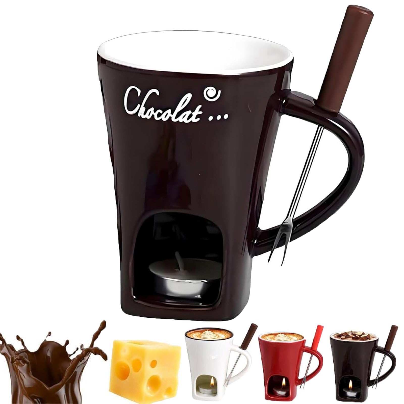Tealight Fondue Cups Set - Mini Ceramic Chocolate Melting Mug with Fork, Black - Perfect for Romantic Dinners, Dessert Parties & Fondue Nights