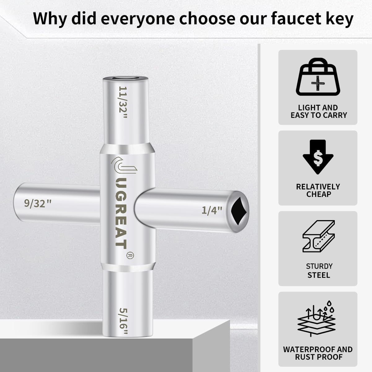 JUGREAT 4-Way Sillcock Water Key - Heavy Duty Steel Multi-Function Utility Key for Outdoor Faucets, Spigots & Valves (1 Pack) - Perfect for Garden, RV & Plumbing Maintenance