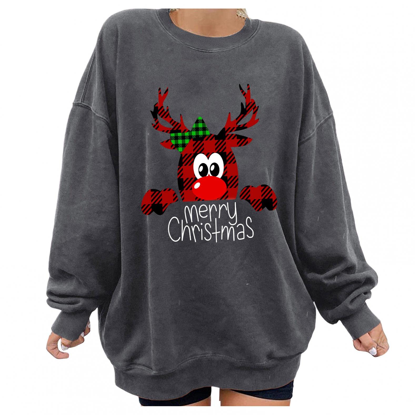 Women's Christmas Sweatshirt - Oversized Casual Long Sleeve Pullover with Elk Graphic Print | Holiday Party, Gift Exchange & Cozy Winter Wear