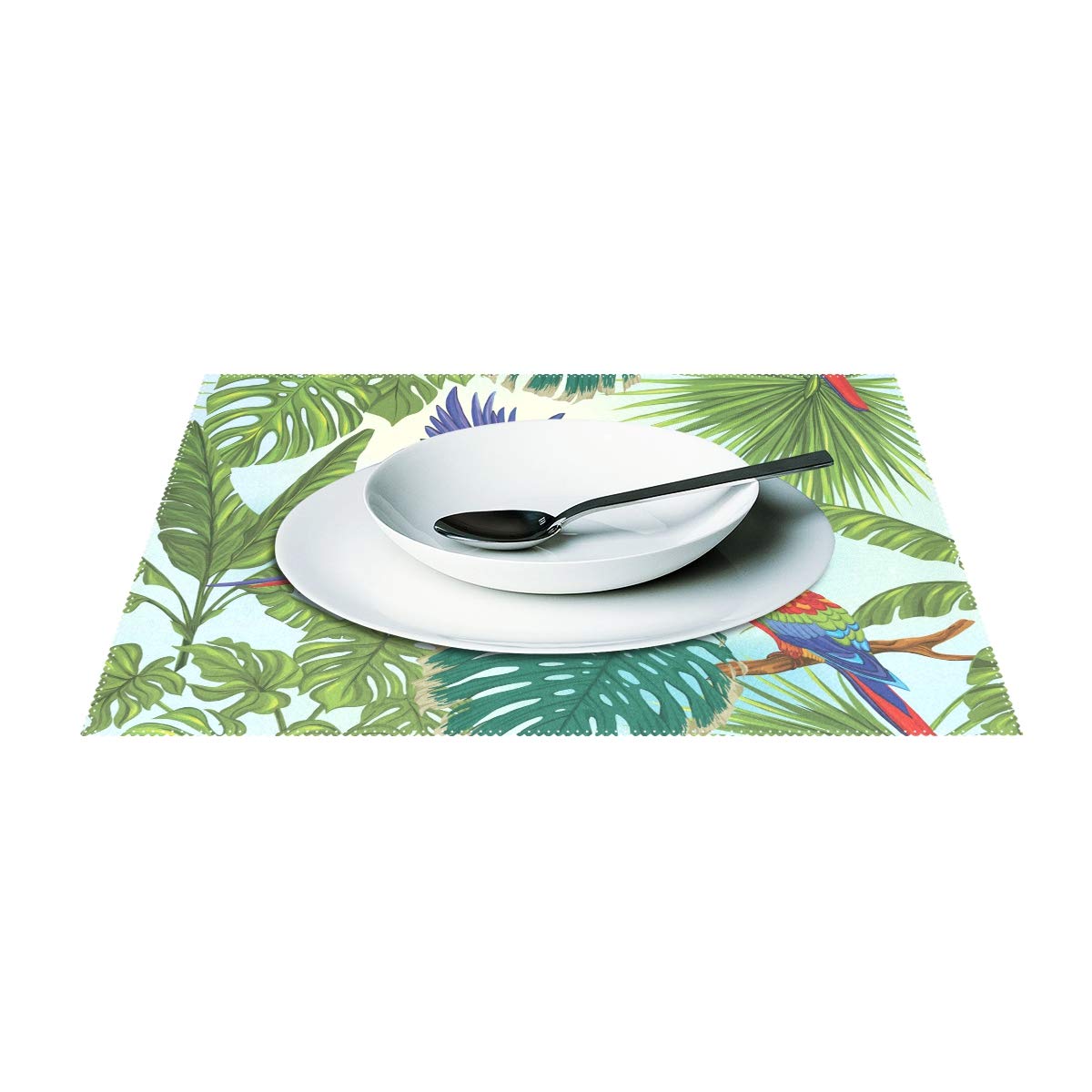 MOYYO Tropical Plants Parrot Placemats - Set of 4 Heat-Resistant Non-Slip Polyester Table Mats, Washable & Easy Clean for Kitchen Dining Decor | Perfect for Bird Lovers, Tropical Theme Parties & Everyday Meals