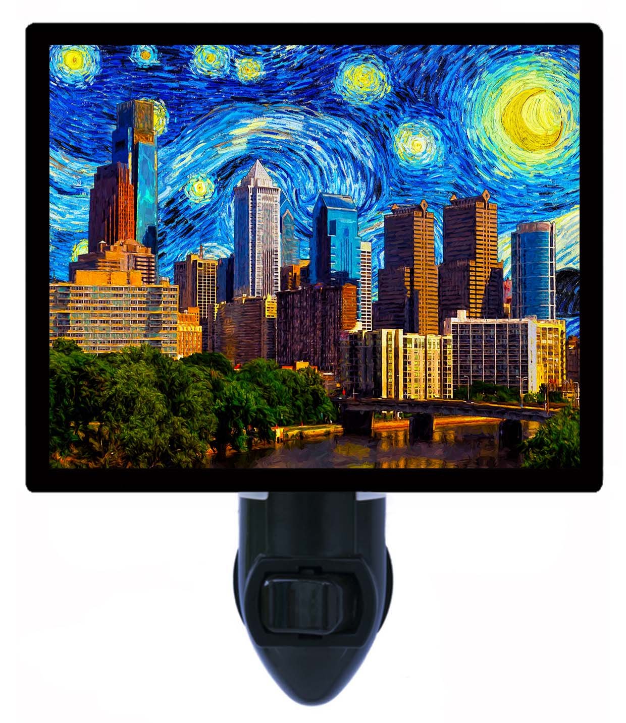 Philadelphia Starry Night Skyline LED Night Light - Van Gogh Inspired, Energy Efficient, Soft Glow for Bedroom, Nursery, Kids Room, Hallway & Home Decor