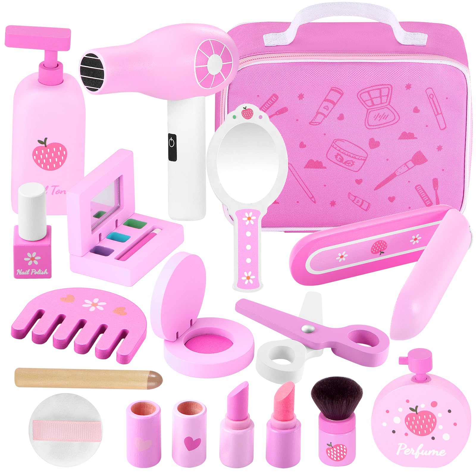 GAGAKU Wooden Kids Makeup Set - Montessori Fake Makeup & Hair Dryer Toy for Girls Dress Up Play