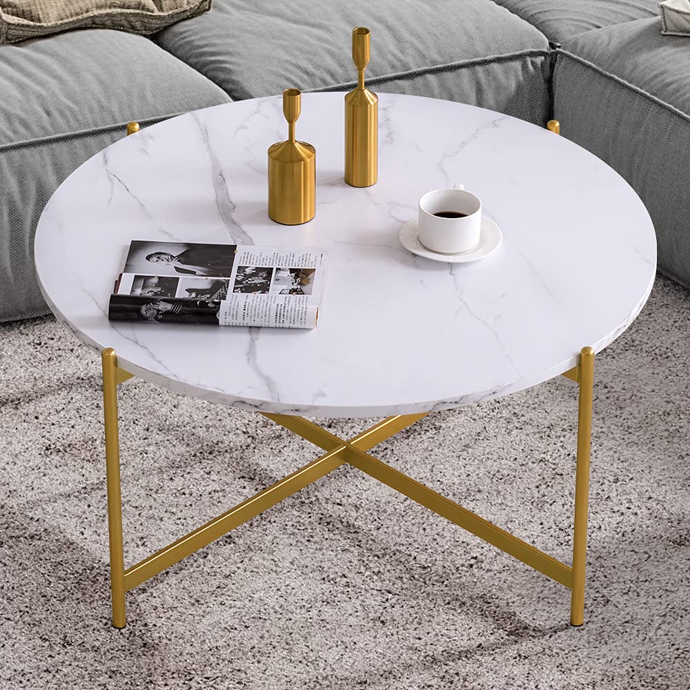 Goujxcy Modern Marble Round Coffee Table with Gold Metal Frame - Stylish Accent Table for Living Room, Bedroom, or Dining Room - Perfect for Small Spaces and Home Decor
