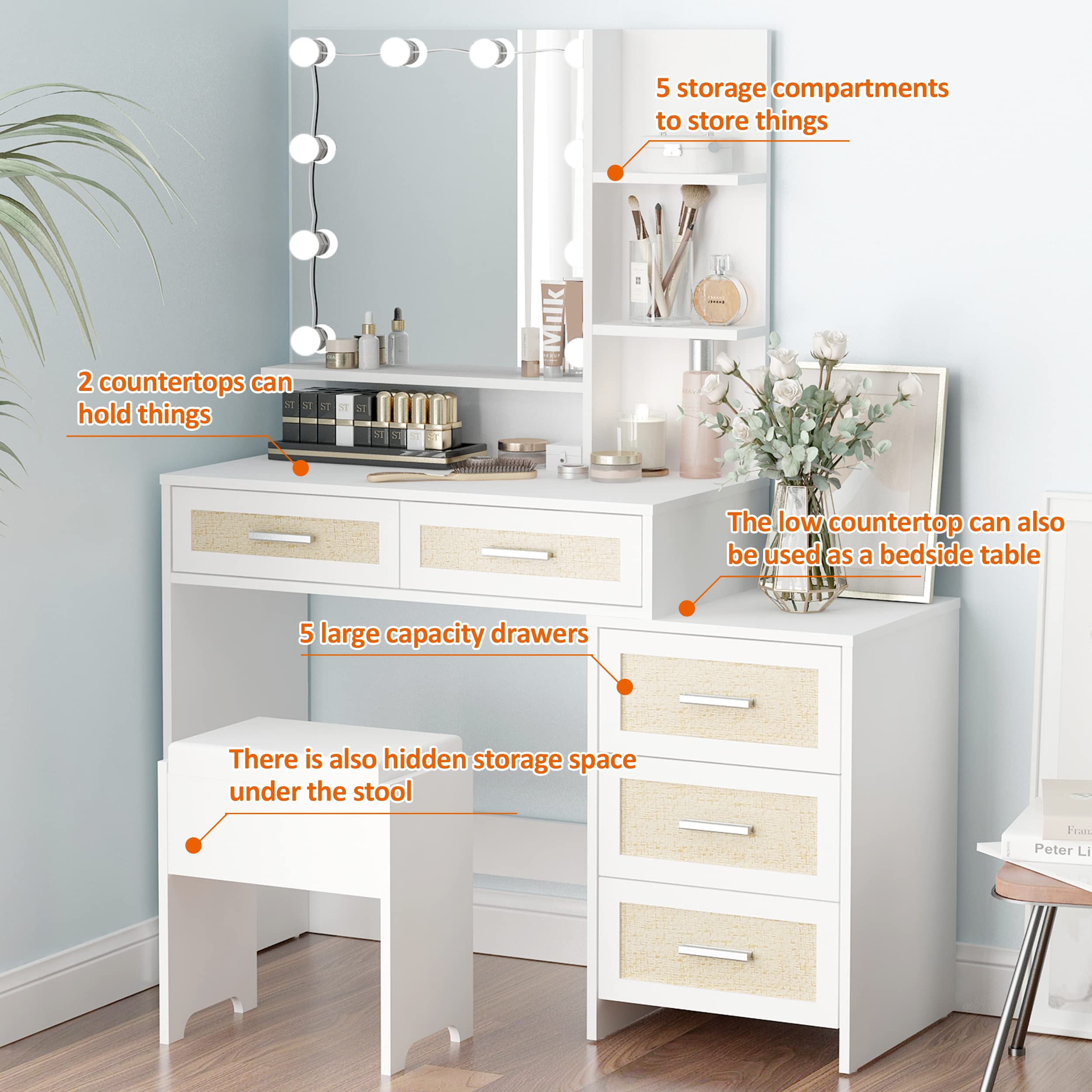 Boho Makeup Vanity Desk with Mirror & Lights - Rattan Dressing Table Set with Nightstand, 5 Drawers, 10 LED Bulbs & Cushioned Stool - White Metal Silver Handle Vanity for Bedroom, Dressing Room & Home Decor