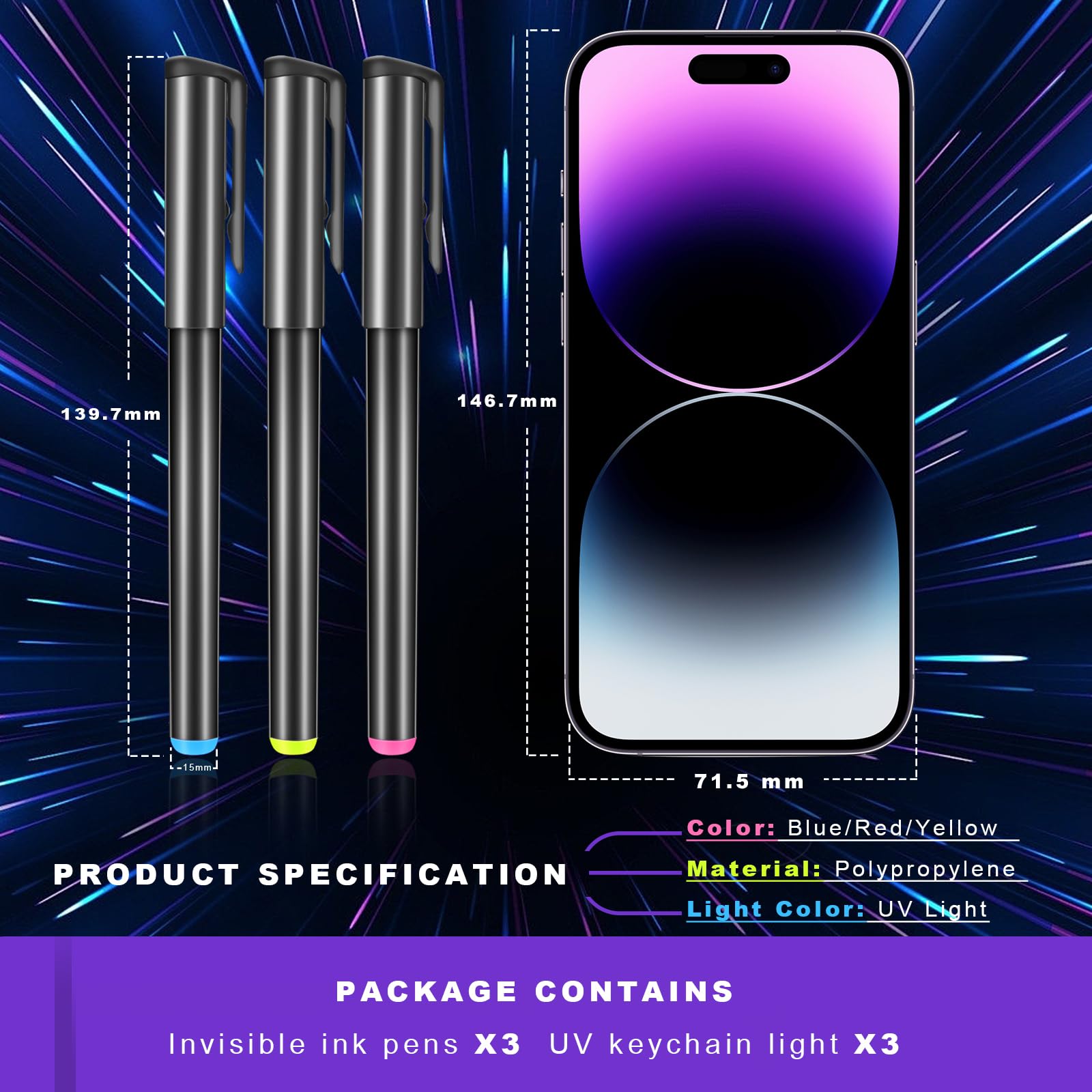 Spy Pen with Invisible Ink & 3 Mini UV LED Keychain Flashlights - Disappearing Ink Magic Pen with Black Light Markers for Secret Notes - Perfect for Christmas, Halloween Gifts & Secret Agent Games (3 Pack)
