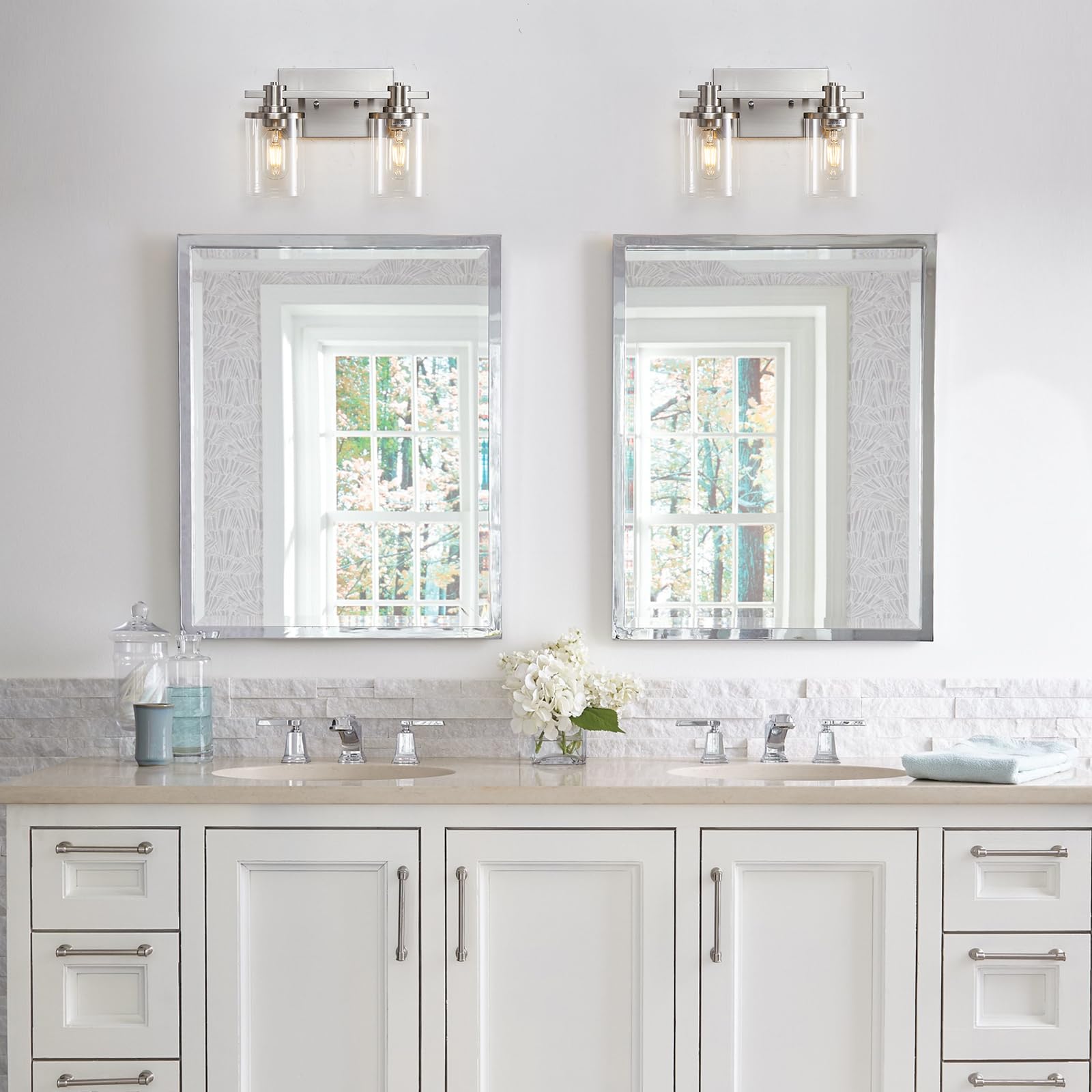 DADUL 2-Light Brushed Nickel Bathroom Vanity Light Fixture with Clear Glass Shade - Modern Wall Sconce for Bathroom Mirror Lighting - Perfect for Bathroom, Powder Room, and Dressing Room Vanity Makeup Area