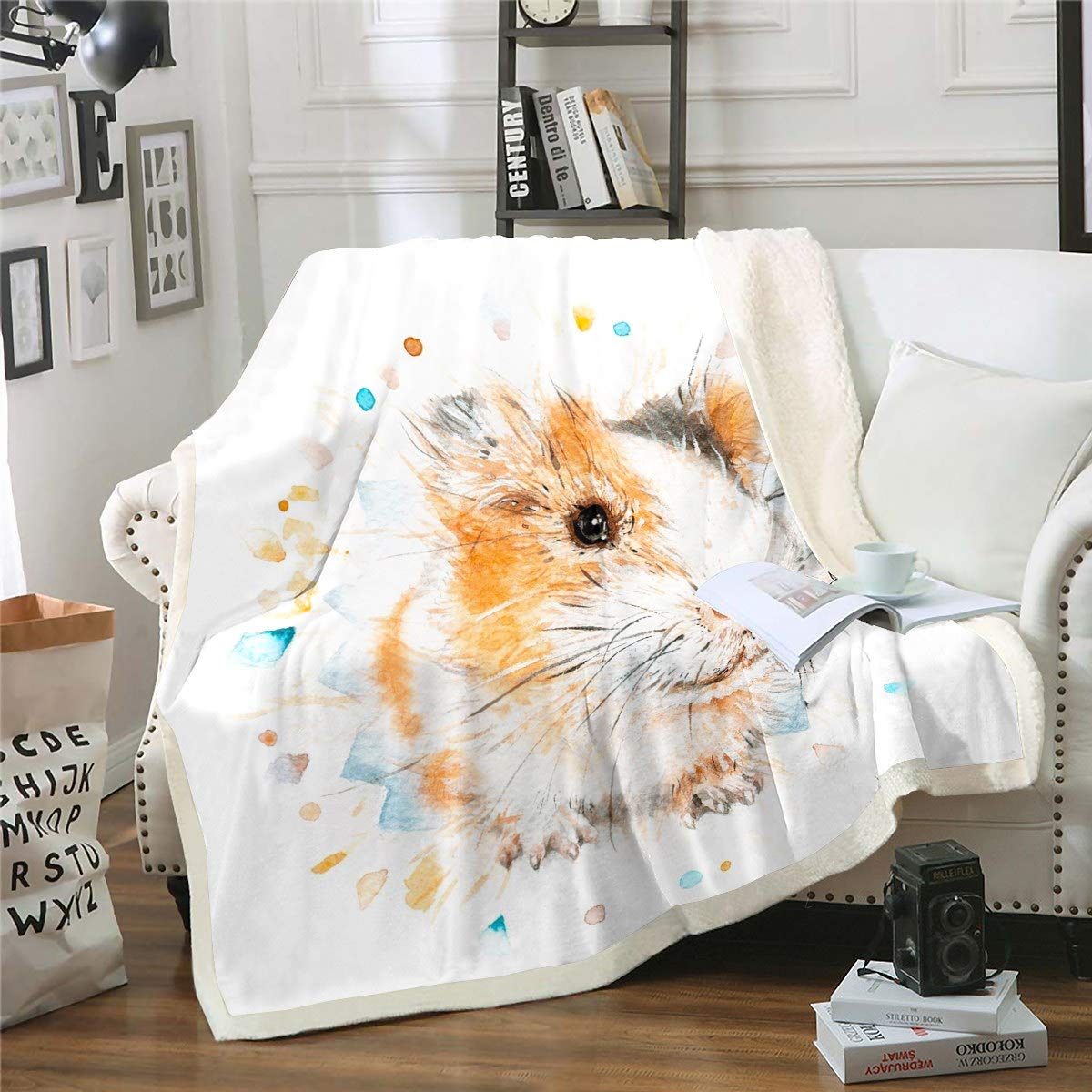 Soft Guinea Pig Fleece Throw Blanket 50x60 Inches - Cute Cavy Pattern Sherpa Blanket for Sofa, Couch & Pet Decor - Cozy Watercolor Animal Theme Fuzzy Blanket for Kids Room, Winter Snuggling & Gift Giving