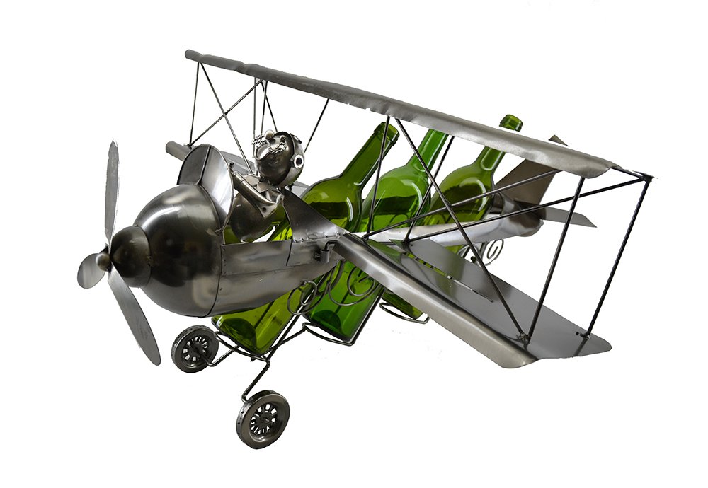 3-Bottle Wine Holder Bi-Plane Airplane - Rustic Bar Counter Decor for Home, Kitchen, or Restaurant Display