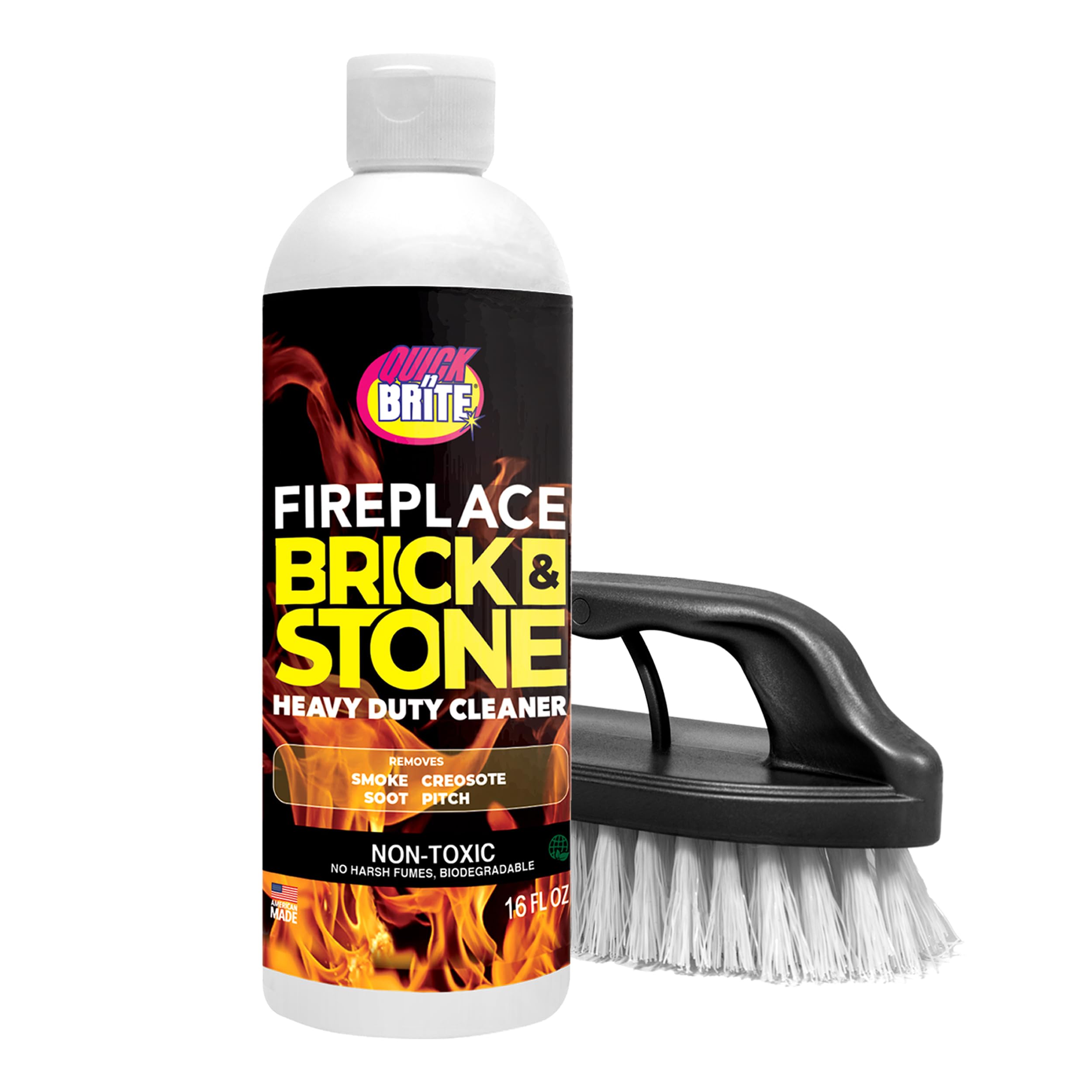 Quick N Brite Fireplace Gel Cleaner with Scrub Brush - Nonabrasive Deep Clean for Brick, Stone, Tile & Marble Fireplaces - Made in USA (16 oz) - Perfect for Indoor/Outdoor Fireplace & Hearth Maintenance