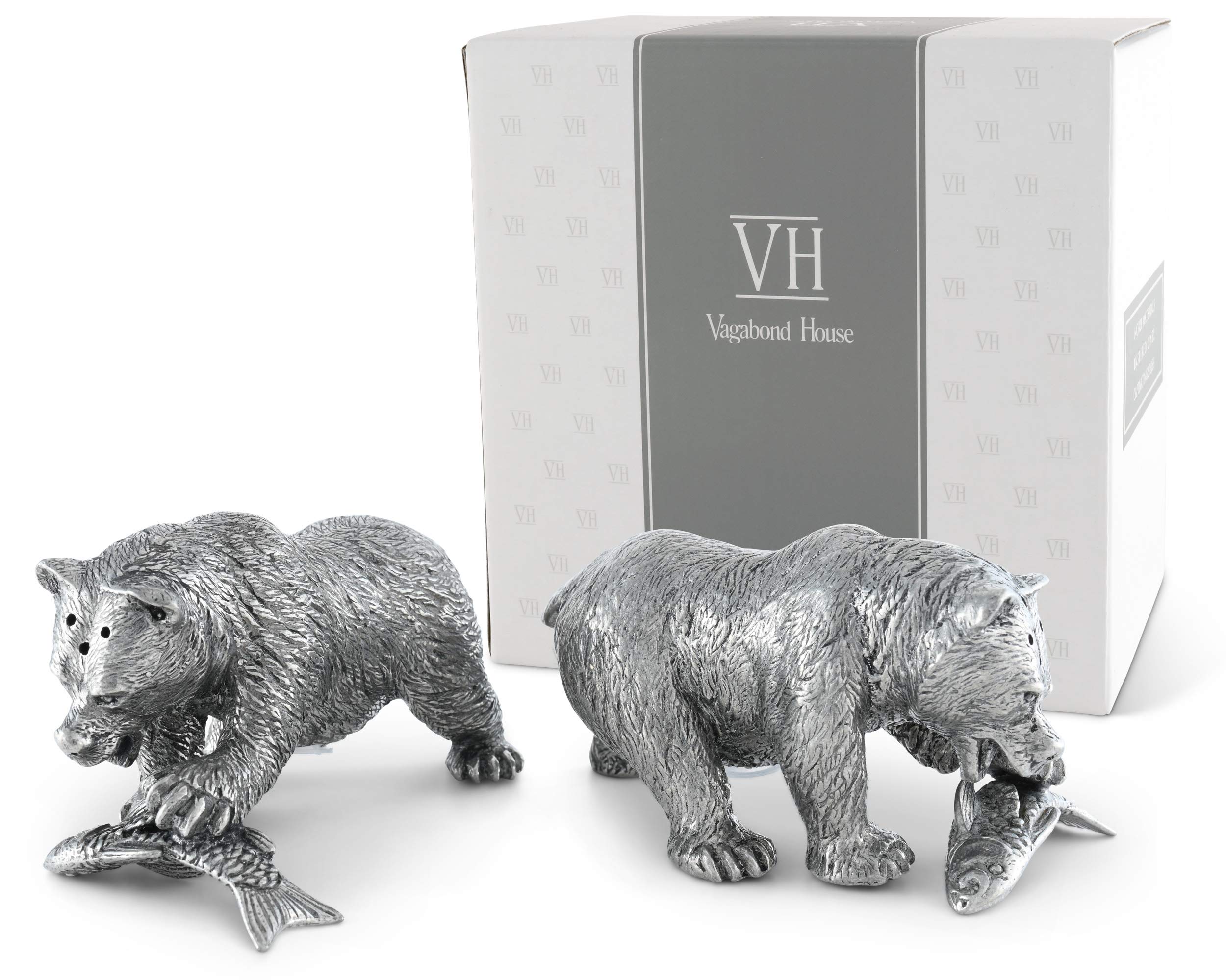 Fishing Bear Salt and Pepper Shaker Set - 2 Inch Tall Pewter Metal Wildlife Design by Vagabond House | Perfect for Camping, Cabin Decor & Outdoor Enthusiasts