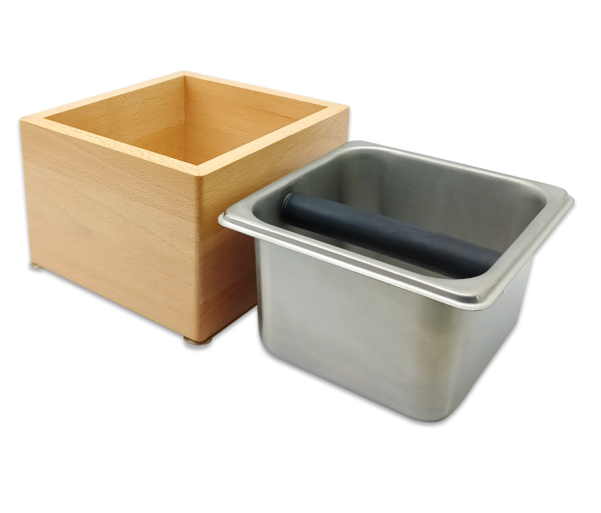 Premium Stainless Steel Knock Box with Wooden Box - Compact Countertop Coffee Grounds Container for Espresso Bars & Home Brewing