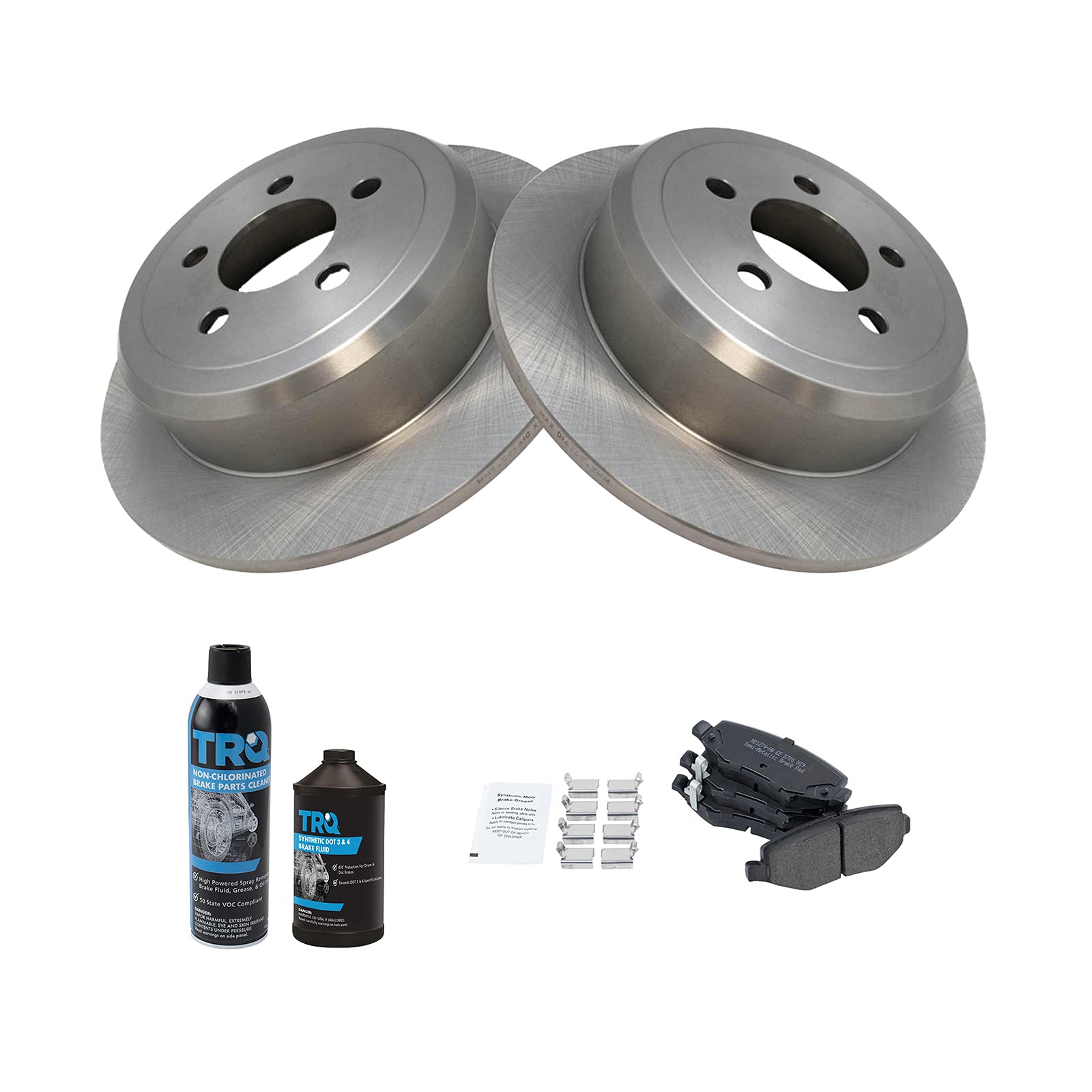 TRQ Rear Brake Pad & Rotor Kit with Brake Chemical - Ceramic Brake Pads & Rotors Compatible with 2007-2018 Jeep Wrangler JK - Perfect for Off-Roading & Daily Driving