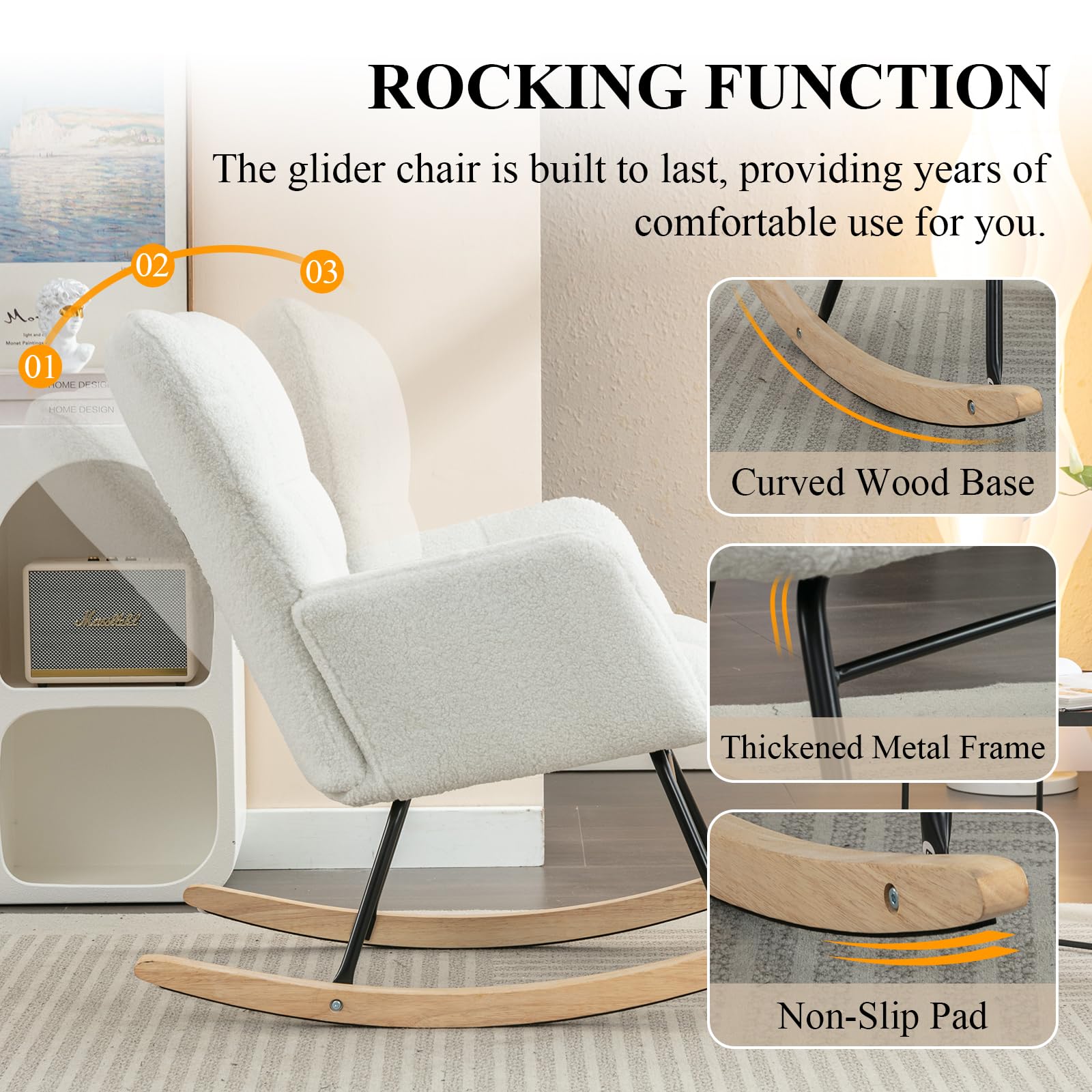 Teddy Upholstered Nursery Rocking Chair - High Back Glider Rocker with Metal Legs, Comfortable Accent Armchair for Baby Room, Living Room Reading & Nursing Chair (White) | Perfect for Nurseries, Breastfeeding, Storytime & Relaxation