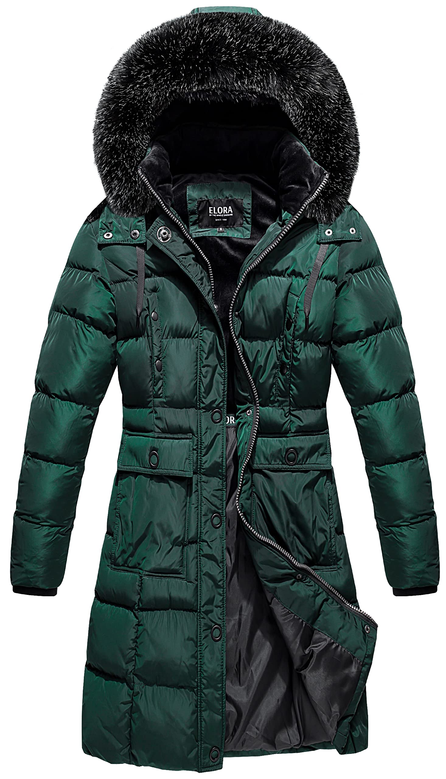 ELORA Women's Winter Coat - Vegan Down Puffer Parka Jacket, Mid-Length Cargo Style with 7 Pockets & Removable Faux-Fur Hood | Warm Winter Outerwear for Snow, Travel & Daily Commute