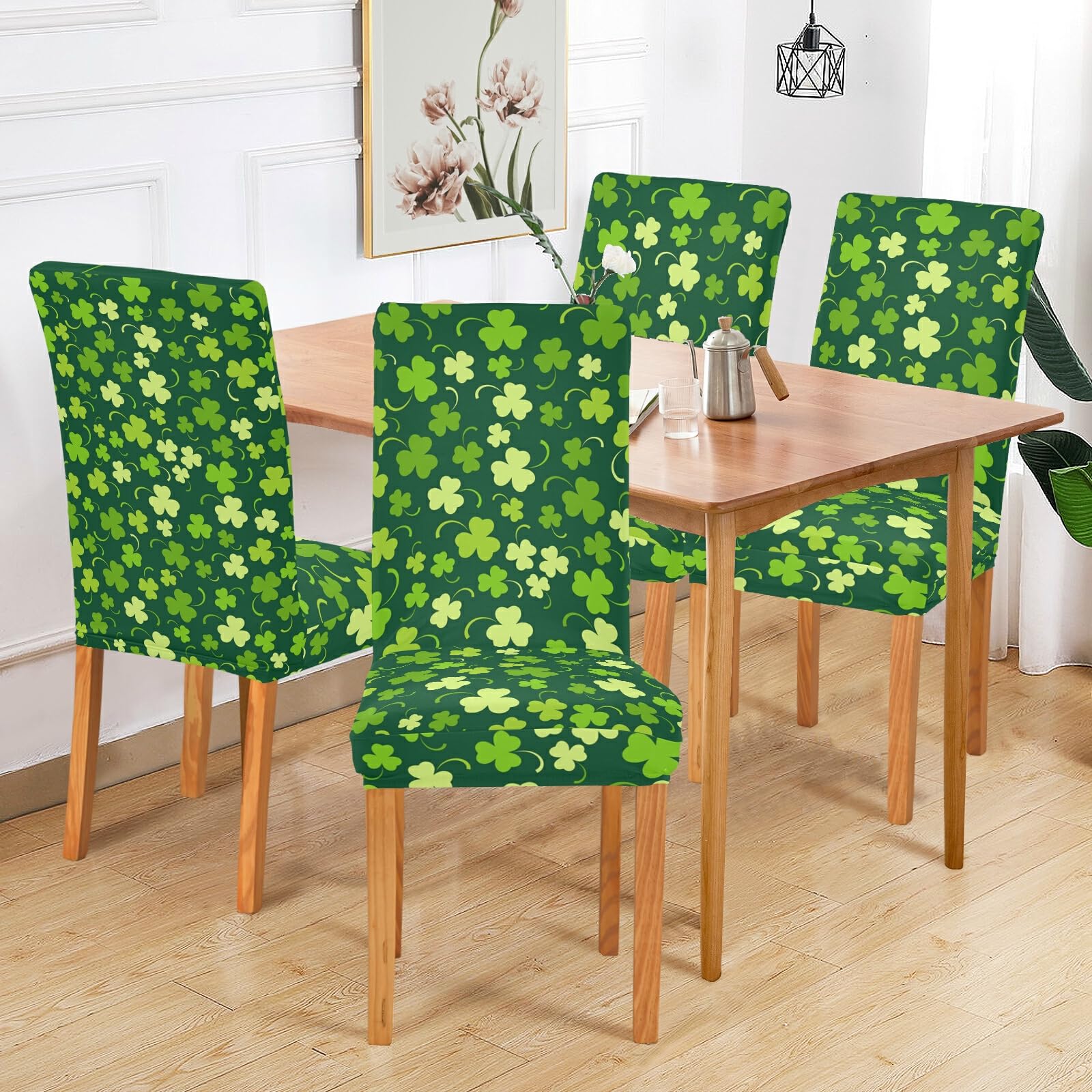 St. Patrick's Day Clover Stretch Chair Covers Set of 2 - Washable Dining Chair Slipcovers for Kitchen, Dining Room & Hotel Decor | Perfect for Irish-Themed Parties, Home Decor & Holiday Celebrations