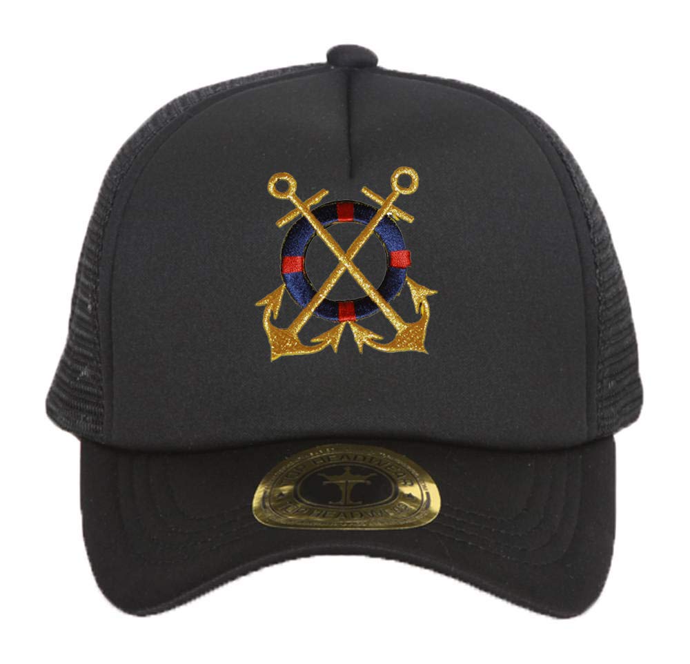 Golden Anchors Black Adjustable Trucker Hat for Men & Women - Stylish Baseball Cap for Outdoor Activities, Sports, and Casual Wear
