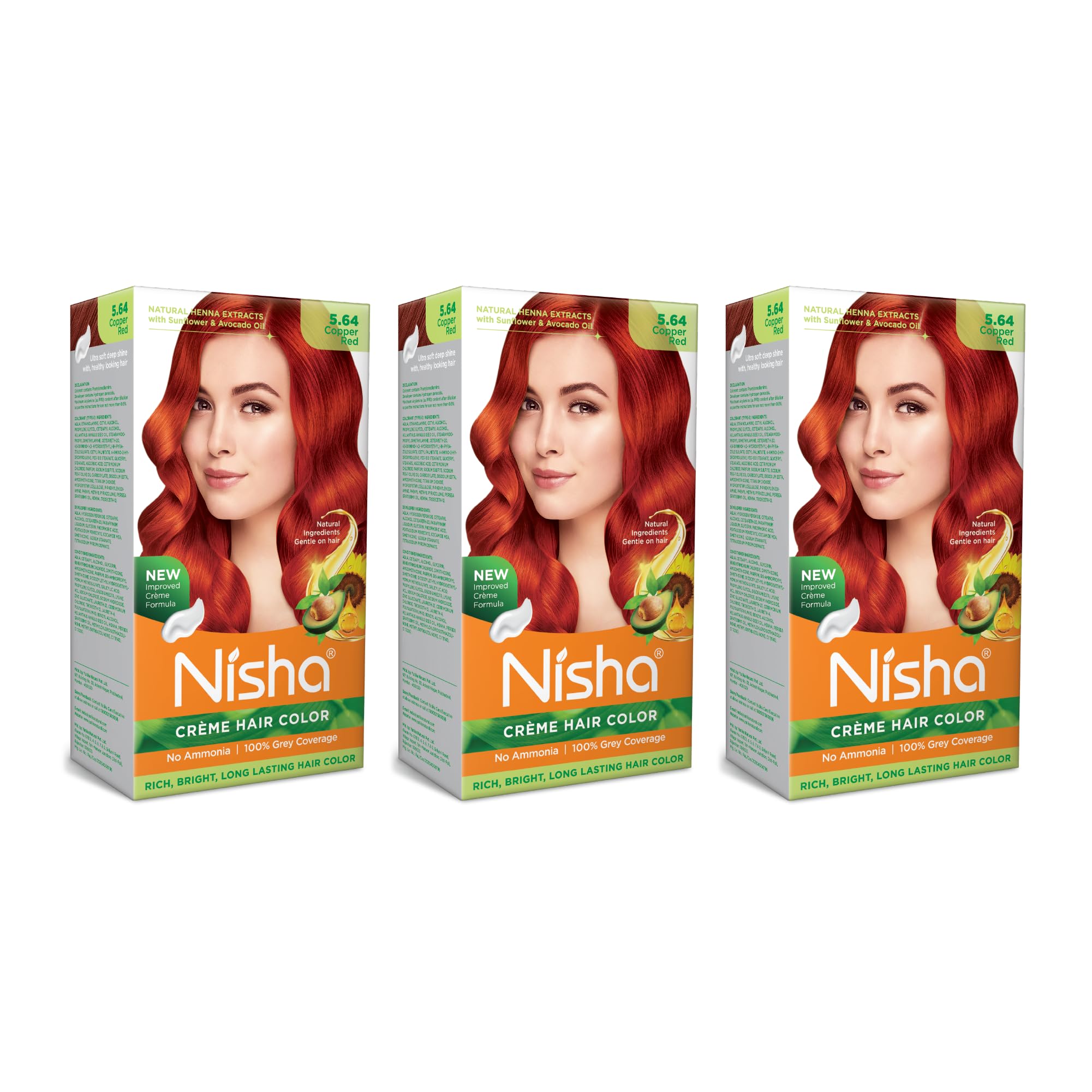 Nisha Creme Hair Color Copper Red - Permanent Ammonia-Free Hair Dye for Men & Women with Natural Henna Extracts | Rich, Vibrant, Long-Lasting Color | 5.64 Copper Red (120g, Pack of 3) | Perfect for Salon-Quality At-Home Coloring, Touch-Ups & Gray Coverage
