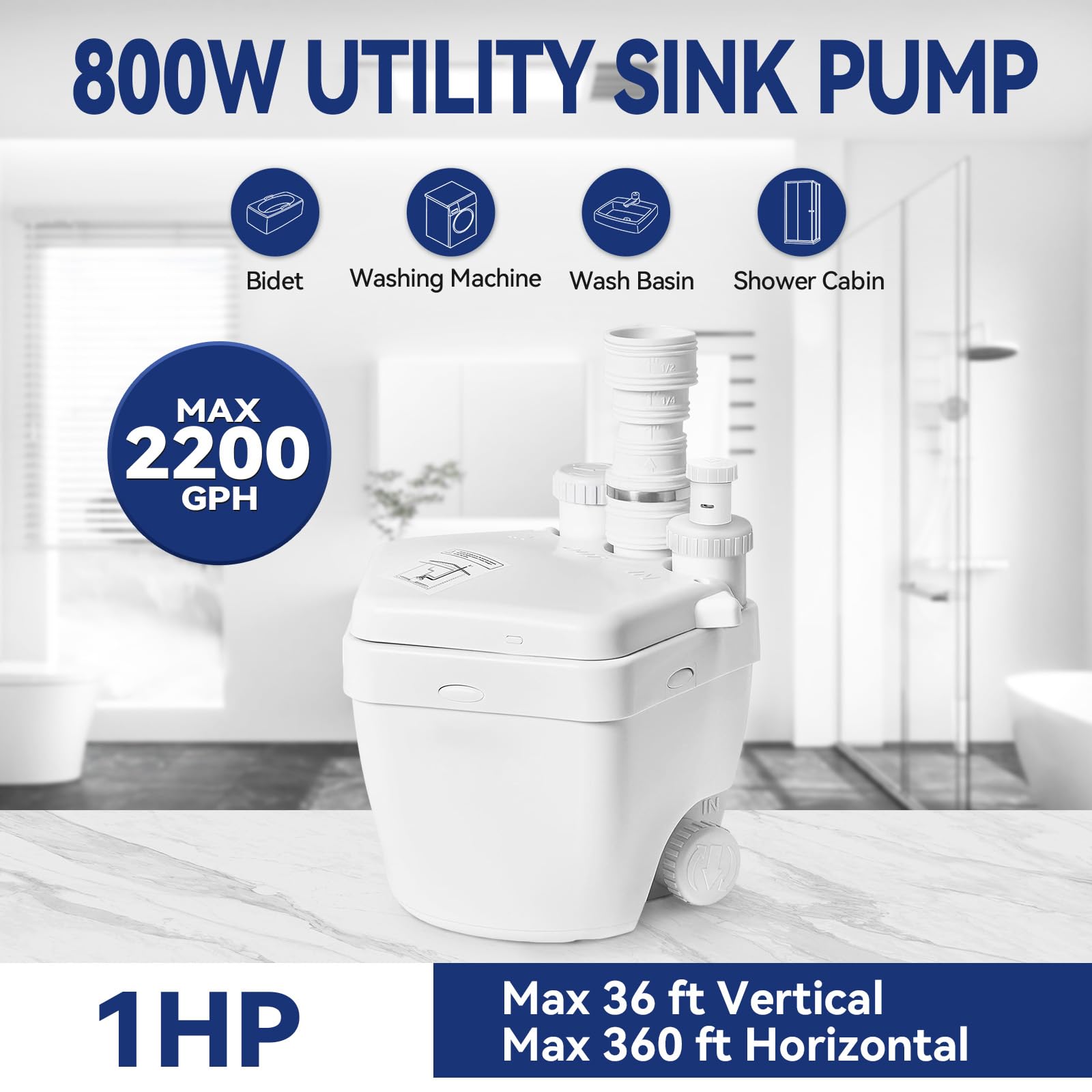 Upgraded 800W Utility Sink Pump with PCB Function | 1 HP Drain Pump Upflush to 36ft/11m | 2200GPH Sump with 4 Inlets & 1 Outlet for Basement, Laundry, Sink | Ideal for Home, RV & Commercial Use