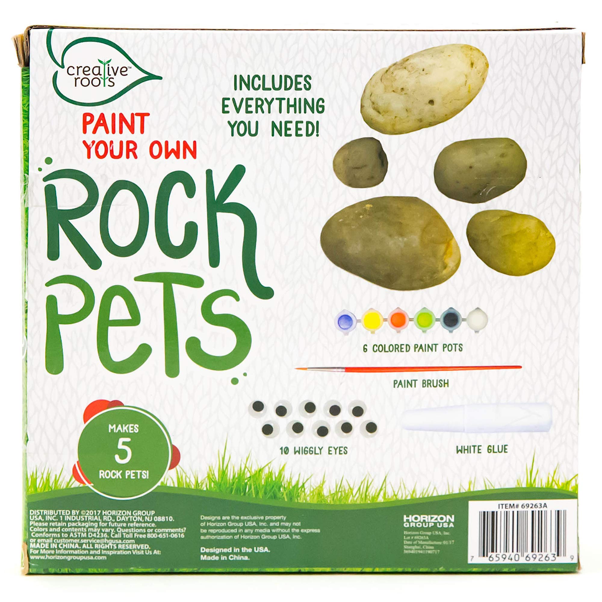 Creative Roots Paint Your Own Rock Pets Kit by Horizon Group USA - 6 Vibrant Colors, Paint Brush, Wiggly Eyes & Glue Included - Fun DIY Rock Painting Activity for Kids - Perfect for Birthday Parties, Classroom Projects & Creative Playtime
