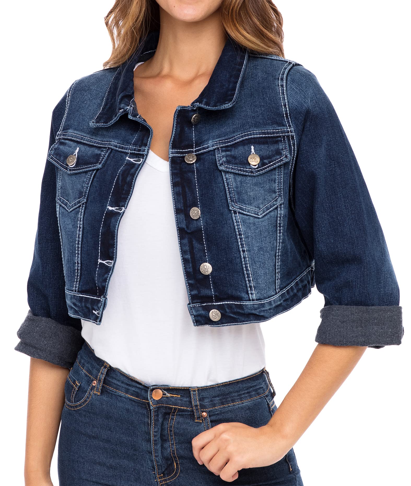 SKYLINEWEARS Women's Plus Size Stretch Denim Jacket - Cropped Long Sleeve Jean Jacket for Casual Outfits & Layering | Perfect for Spring & Fall Fashion