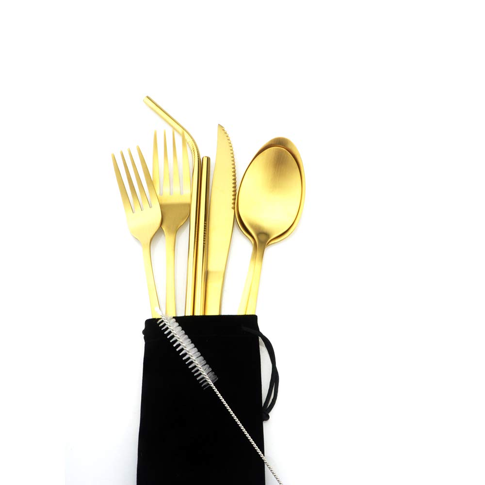 Premium Reusable Gold Utensil Set with Travel Case - Stainless Steel Camping Cutlery (Knife, Fork, Spoon, Straw & Chopsticks) - Matte Finish Flatware for Office Lunch, Hiking, School & Outdoor Dining