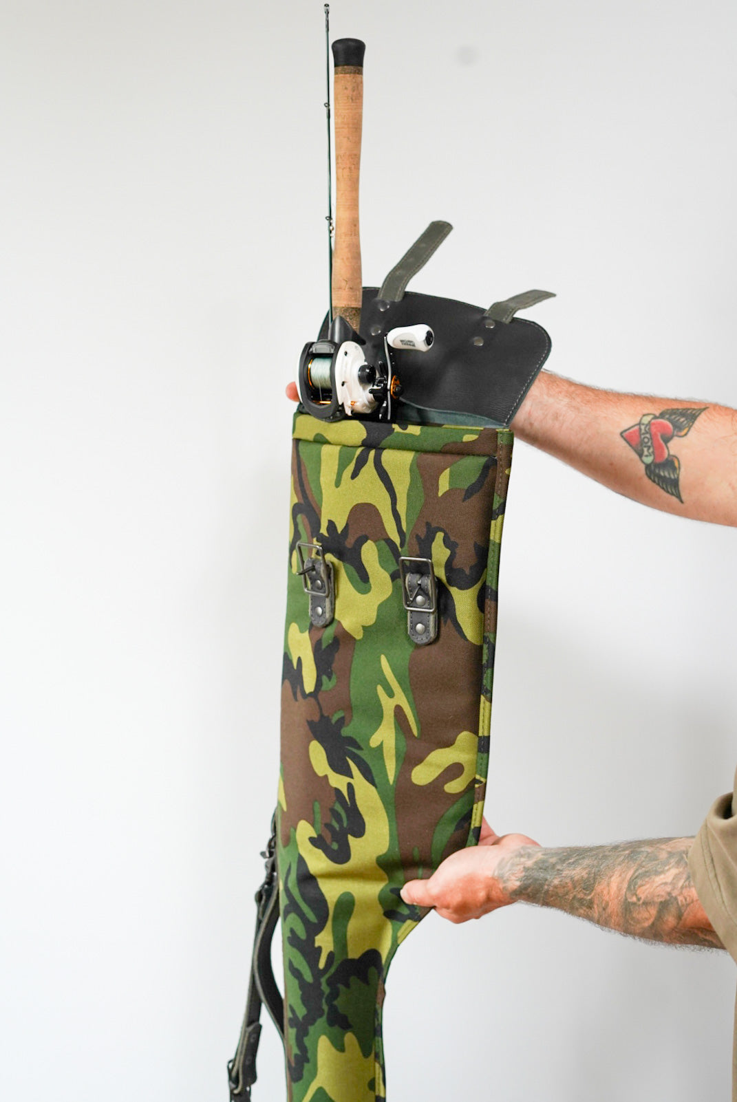 LIMITED EDITION Camo Fishing Rod Case with Black Leather Accents - Durable Protection for Fishing Gear Storage & Travel