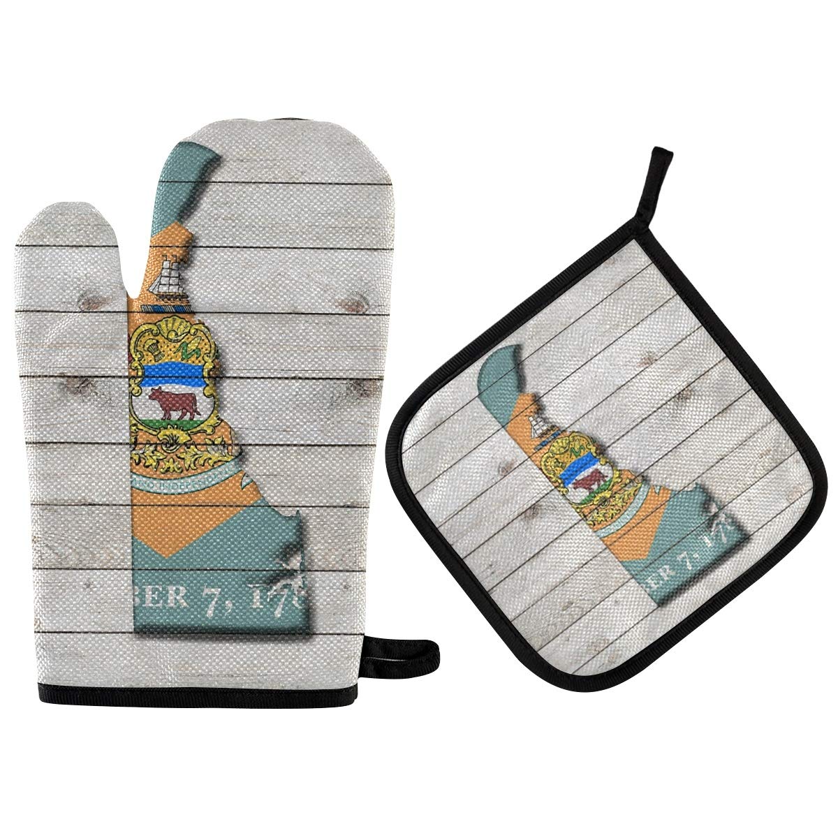 Delaware Flag Map Oven Mitts & Pot Holders Set - Heat Resistant Kitchen Gloves for Cooking, Baking, Grilling - Microwave & BBQ Safe Potholders for Home Chefs