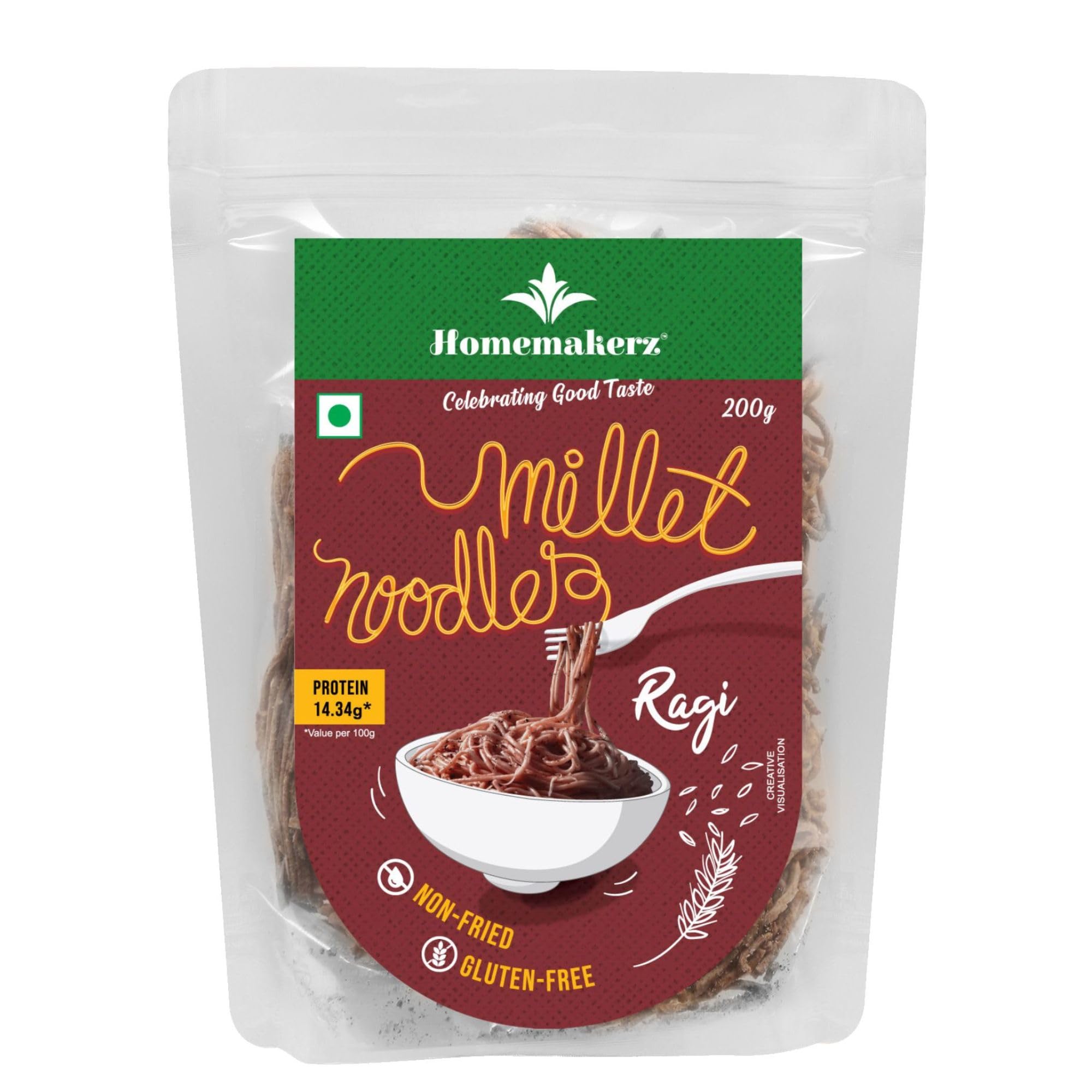 Homemakerz Ragi Millet Noodles - Natural, Gluten-Free, Preservative-Free, No Added Oil or Fat, Zero Maida & Wheat, Healthy Hakka Noodles (200g) - Perfect for Vegan, Keto & Weight Loss Diets