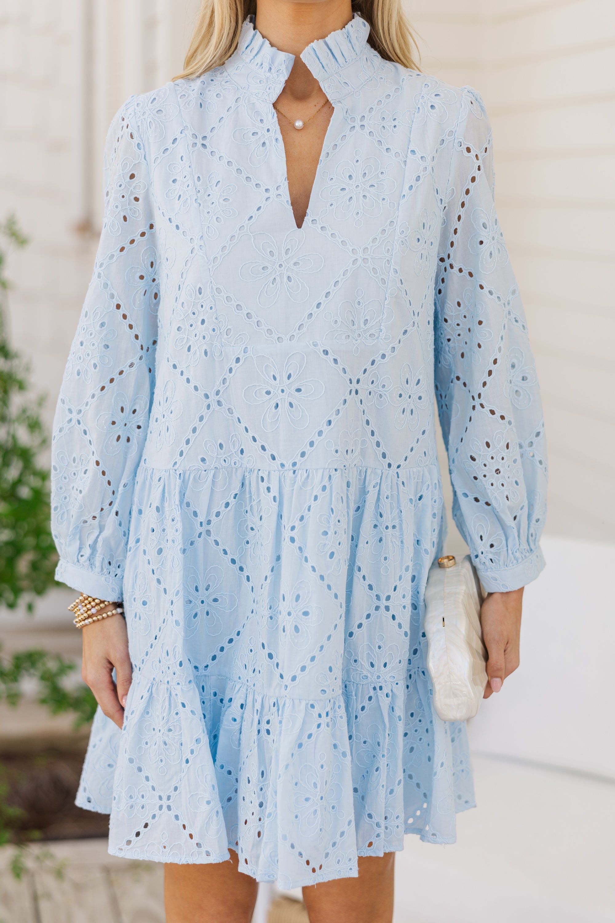 Light Blue Eyelet Babydoll Dress - Flowy Summer Mini Dress with Lace Trim | Perfect for Date Nights, Beach Vacations & Casual Outings