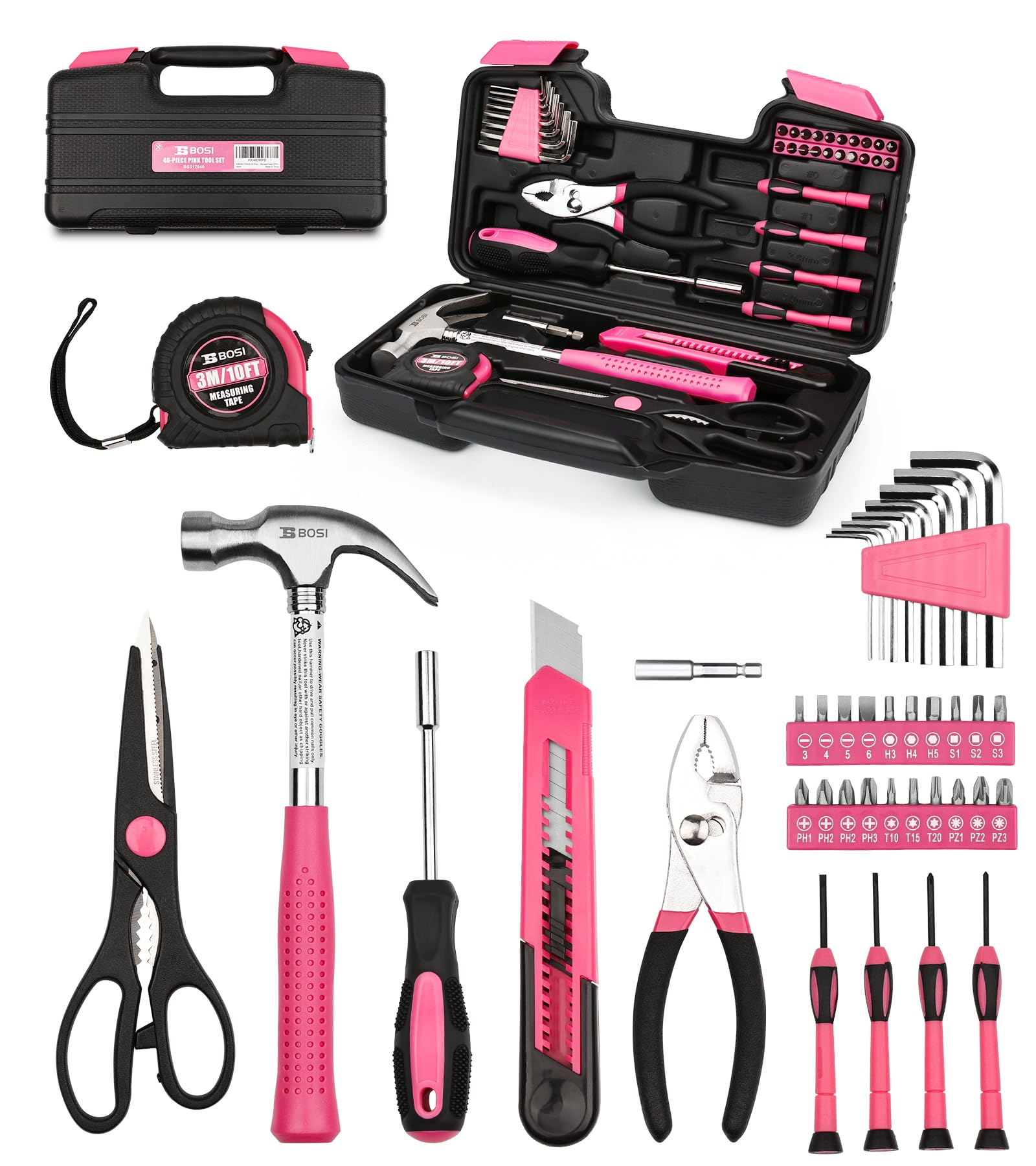 40-Piece Pink Tool Set for Home Repairs - 40 PCS Hand Tool Kit with Durable Plastic Toolbox Storage Case (Pink) - Perfect for DIY Projects, Household Maintenance & Gift Giving