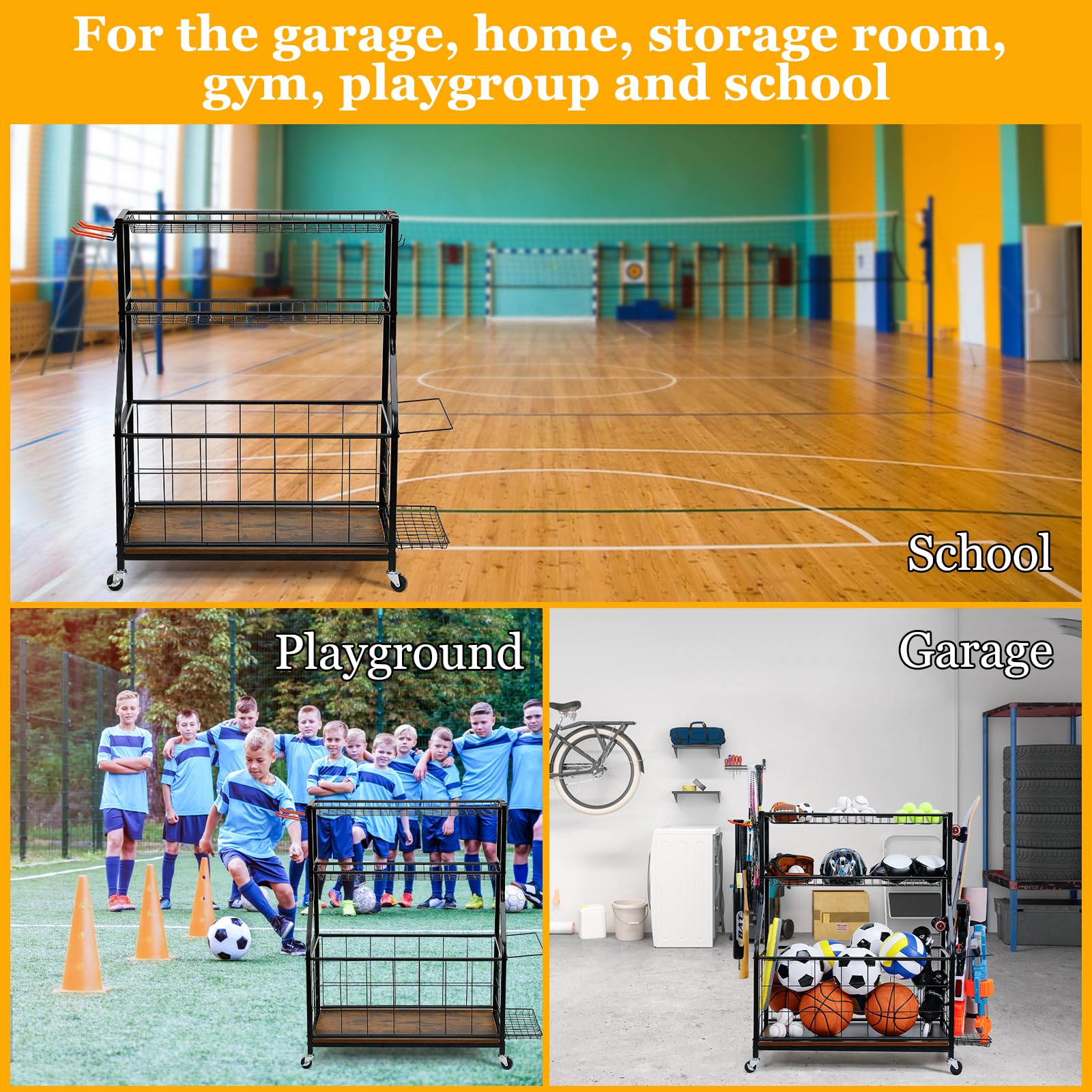 Sports Equipment Organizer - Wood & Metal Rolling Ball Storage Rack with Wheels for Garage, Indoor & Outdoor Use - Perfect for Basketball, Soccer, Tennis Ball Organization - Retro Style Toy Storage Cart (WEY036)