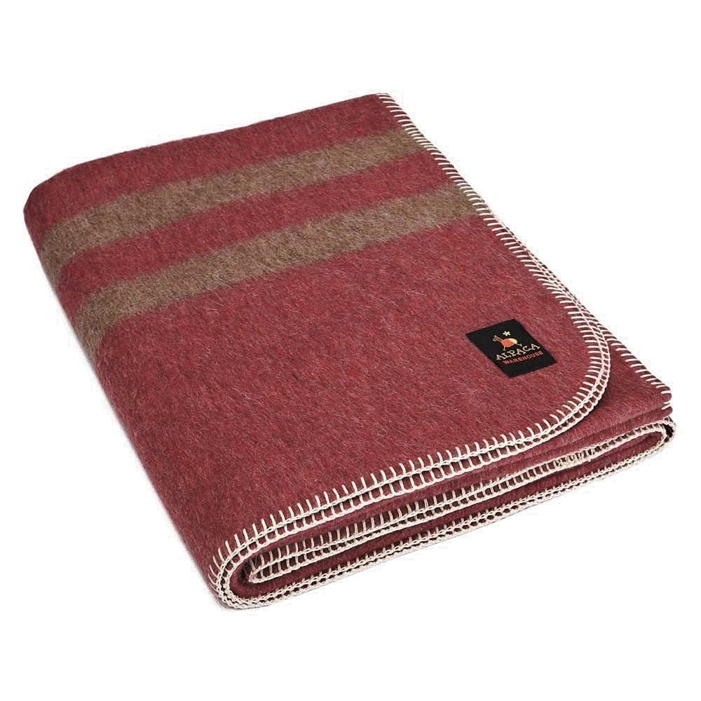 Premium Thick Alpaca Wool Blanket - Heavyweight Warm Winter Blanket for Camping, Hiking & Home Use | Soft Peruvian Alpaca Throw for Couch, Bed & Outdoor Adventures (Wine Brown Stripes, Twin Size)