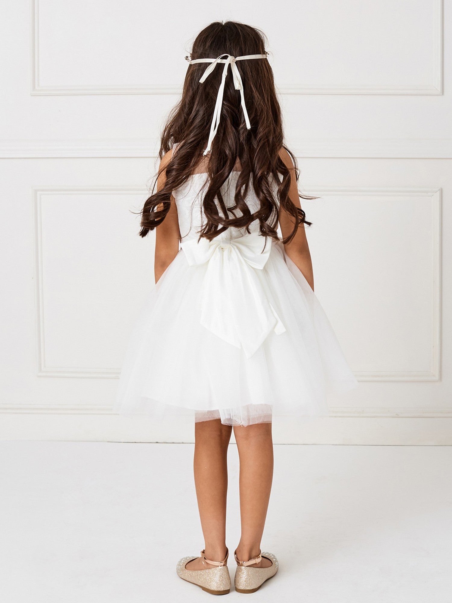 Ivory Illusion Neckline Lace Bodice with 3D Flowers for Junior Bridesmaids - Big Girls Size 8-14 - Perfect for Weddings, Prom & Special Occasions