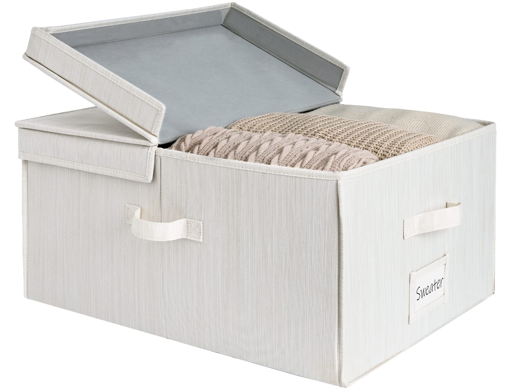 Foldable Storage Box with Lid - Extra Large 58.7L Capacity Closet Organizer | Beige, White & Ivory Bamboo Style Storage Bin | Perfect for Bedroom, Closet, Nursery & Office Organization