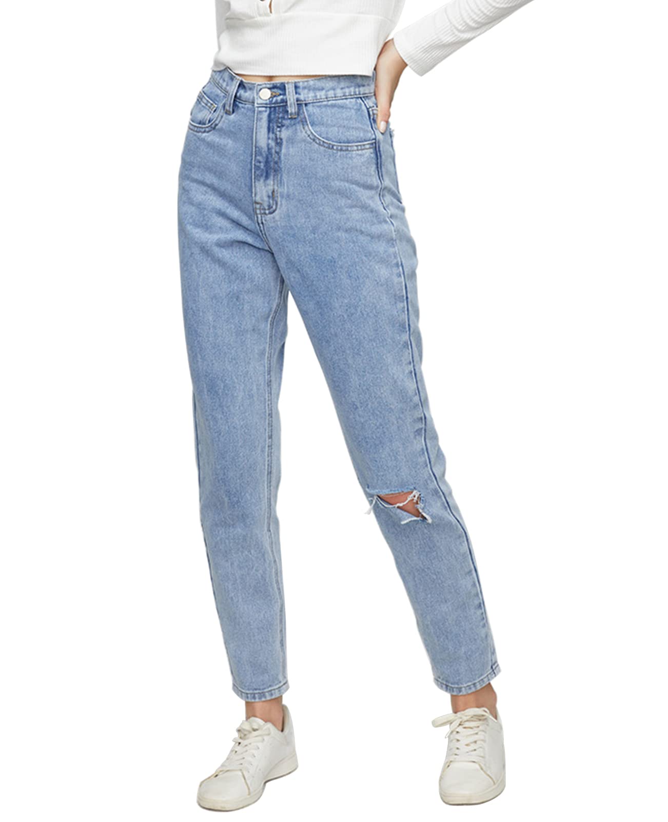 ZENTHACE Women's High Waist Boyfriend Ripped Jeans - Loose Fit Straight Leg Denim Pants for Casual Wear & Street Style Fashion