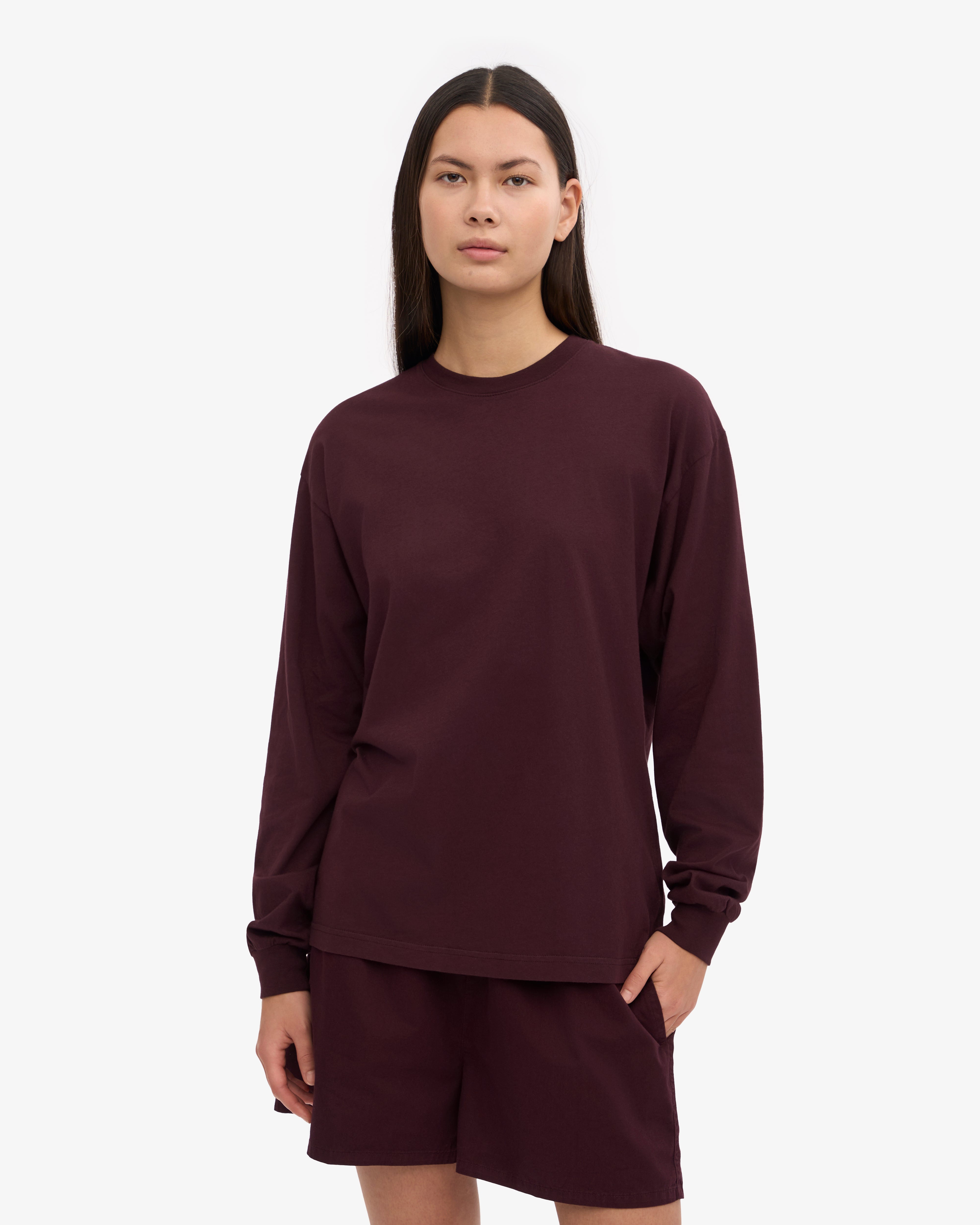Oversized Organic Long Sleeve T-Shirt for Women - Soft Cotton, Oxblood Red - Perfect for Casual Wear, Loungewear & Street Style Fashion