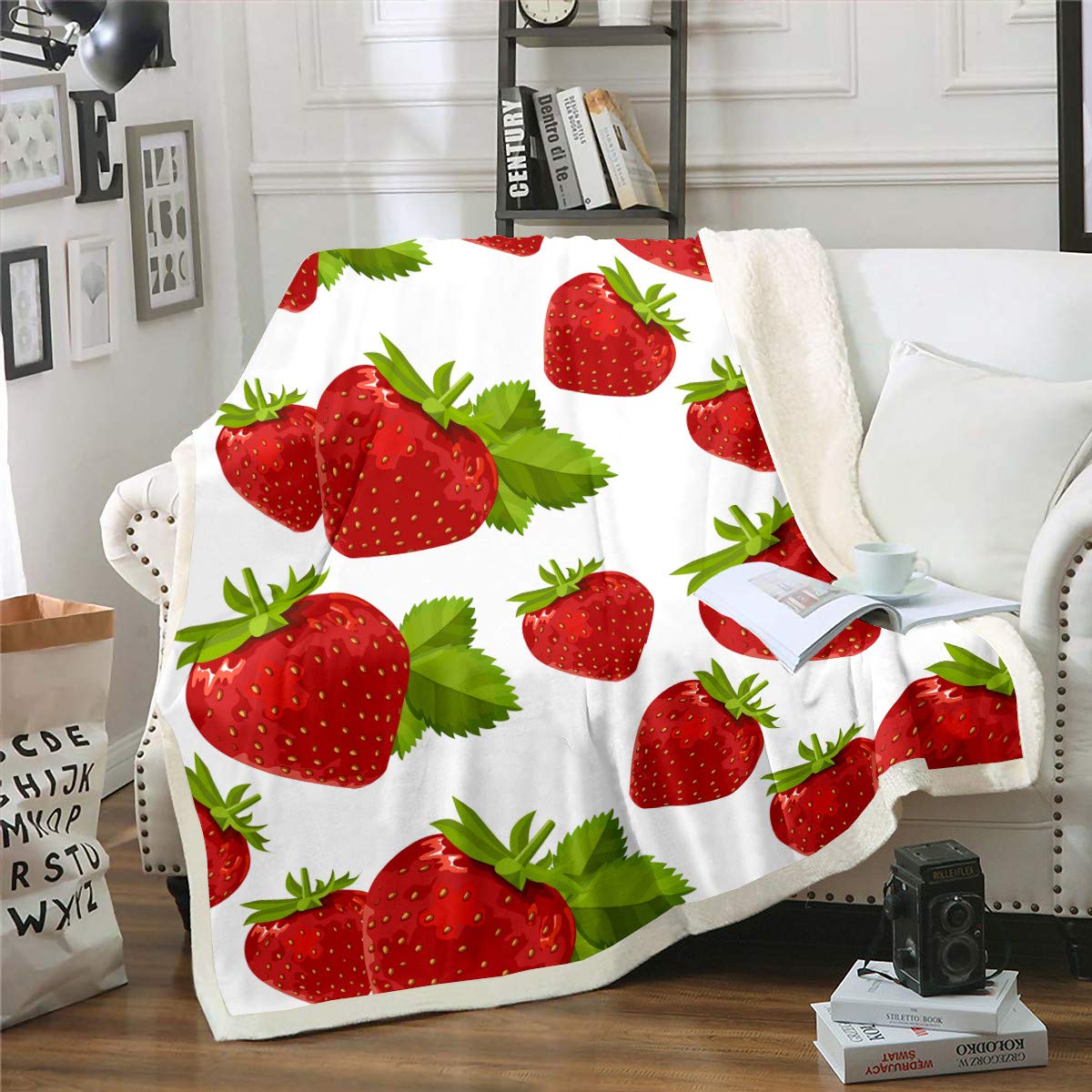 Soft Flannel Sherpa Throw Blanket with Vivid Strawberry Print - 90x90 Inch White Microfiber Blanket for Couch, Sofa, Bed & Chair - Cozy Home Decor, Gift Idea, Winter Warmth